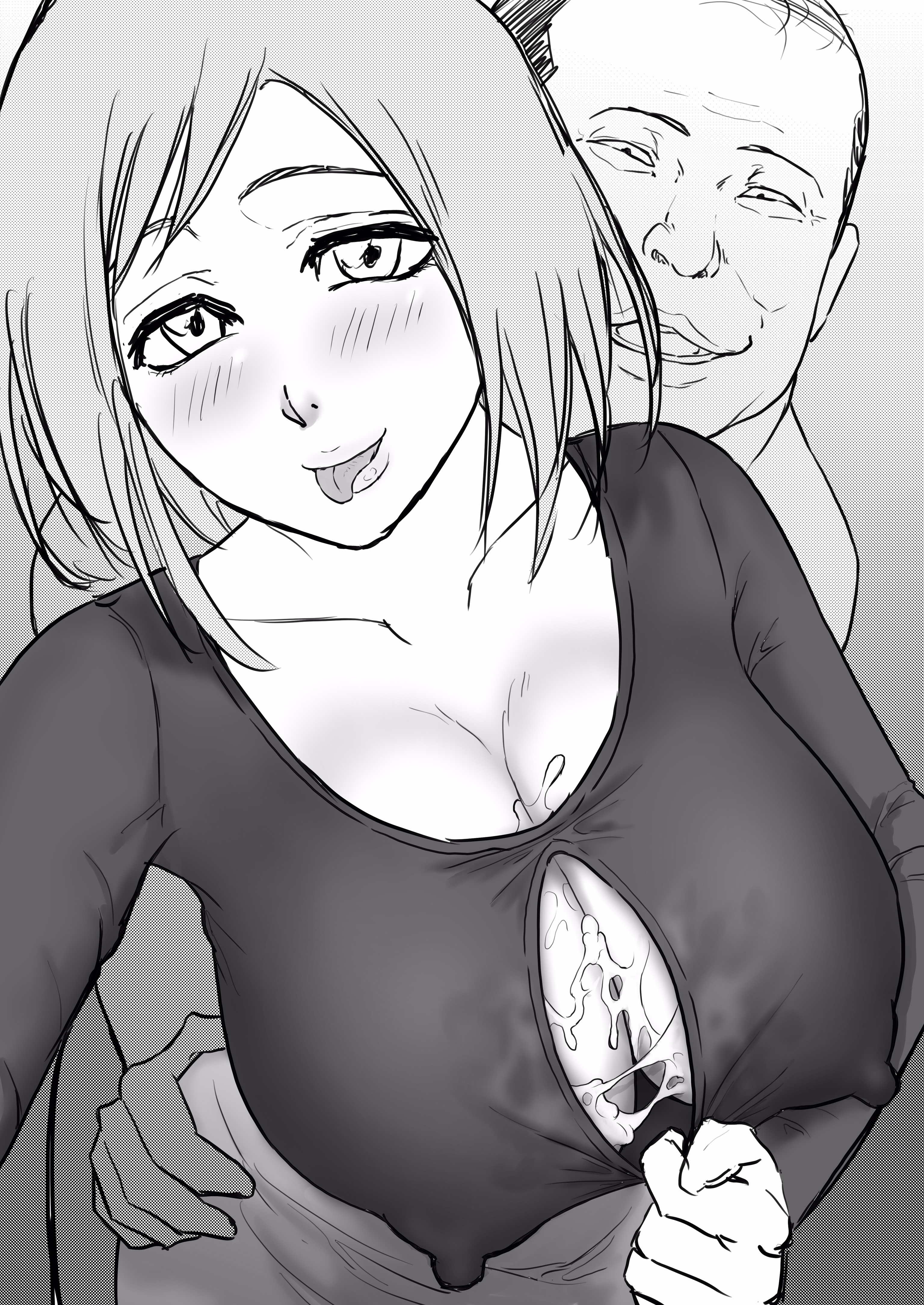 1boy, big breasts, black and white, bleach, blush, breasts, cheating, cheating wife, cum, cum on breasts, female, implied paizuri, inoue orihime, iwao178, male, married female, milf, mother, netorare, nipples, ntr, old male, older male, tongue, tongue out