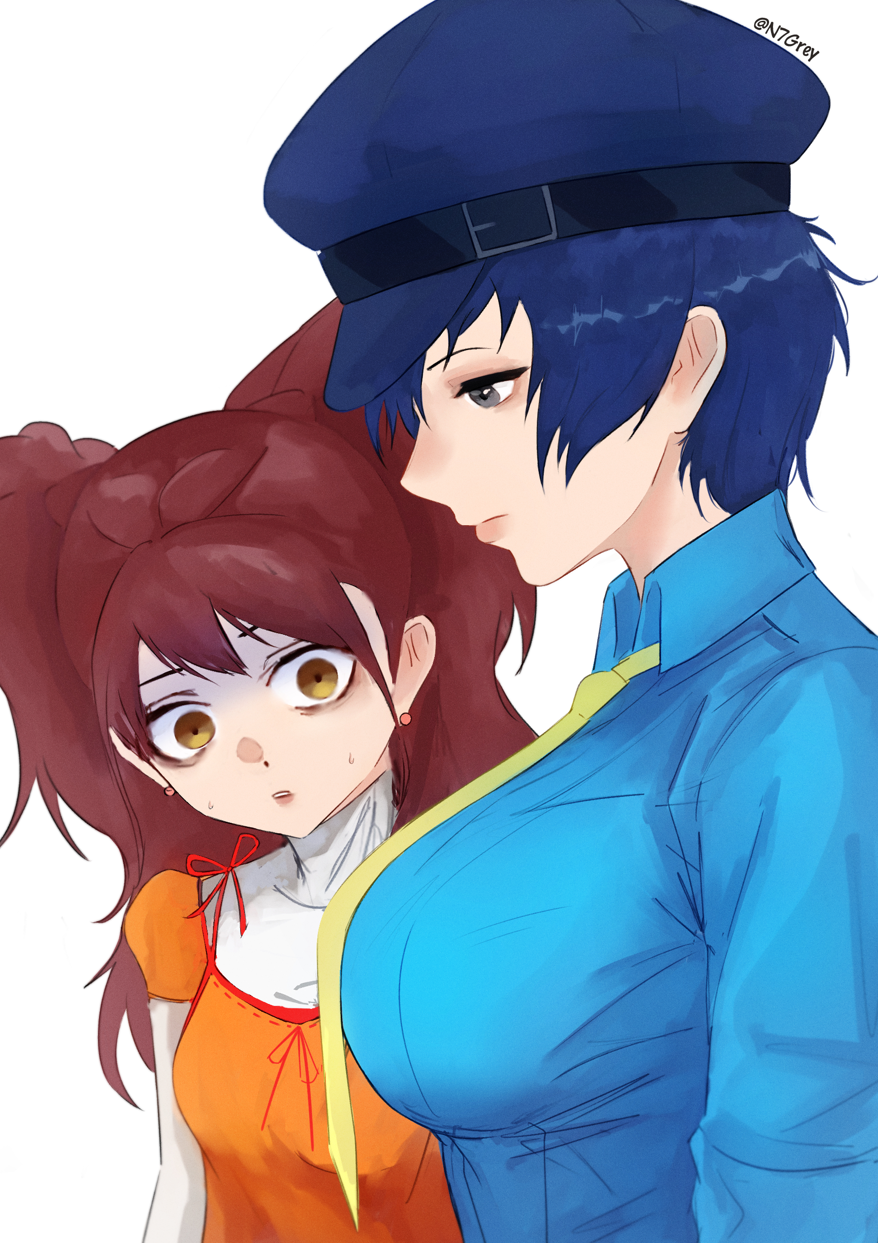 2girls, absurdres, artist name, big breasts, blue hair, blue hat, blue shirt, blush, breast awe, breast envy, breasts, brown eyes, brown hair, cabbie hat, closed mouth, collared shirt, commentary, earrings, english commentary, female, female only, girl staring at guy's chest, grey eyes, hair between eyes, hat, highres, jewelry, kujikawa rise, large breasts, lips, long sleeves, looking at another, meme, meme reference, multiple females, multiple girls, n7grey, necktie, orange shirt, persona, persona 4, reference, shirogane naoto, shirt, short hair, sideboob, sidelocks, simple background, small breasts, stud earrings, sweatdrop, tomboy, twintails, twitter username, upper body, white background, white shirt, wide-eyed, yellow necktie