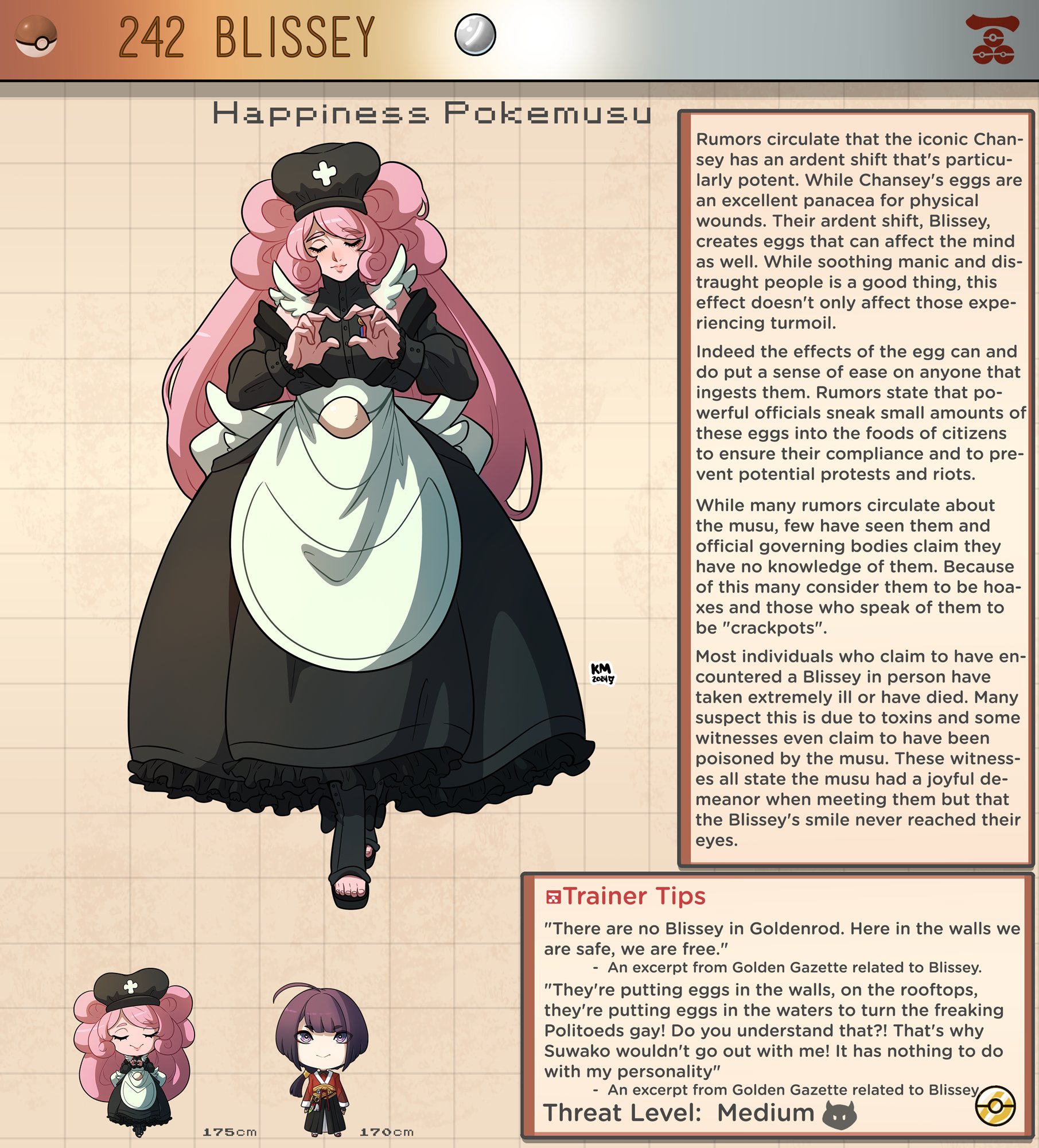 1boy, 1girls, 4-finger heart hands, blissey, breasts, character sheet, chibi, closed eyes, creature index, egg, english text, female, generation 2 pokemon, gesture, hat, heart hands, kinkymation, large breasts, long hair, maid, male, monster girl, nintendo, nurse, pink hair, pokemon, pokemon (species), pokemusu, text, very long hair