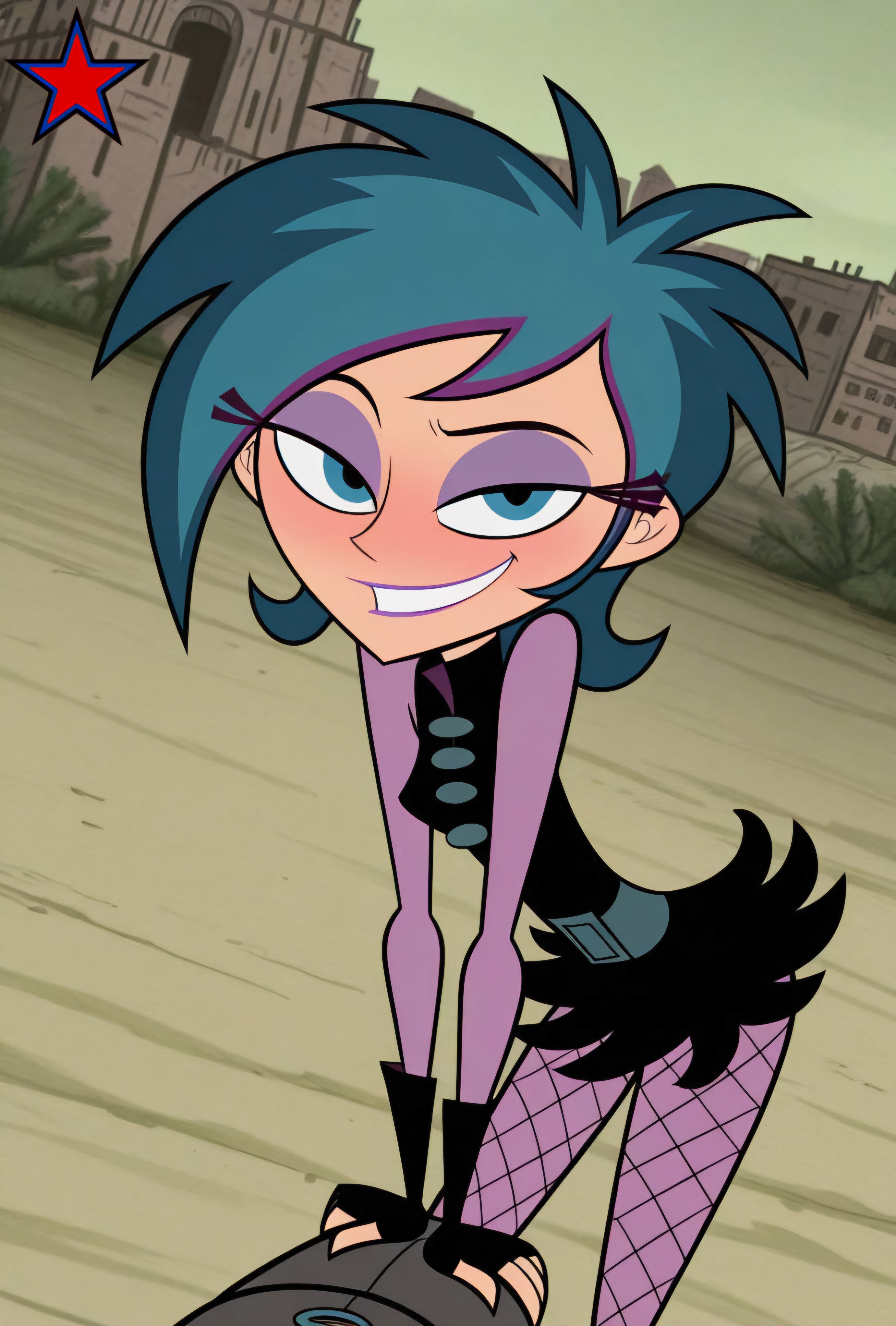 accurate art style, ai generated, blue hair, deviantart, female, fishnets, lacey shadows, makerdeviant, the modifyers