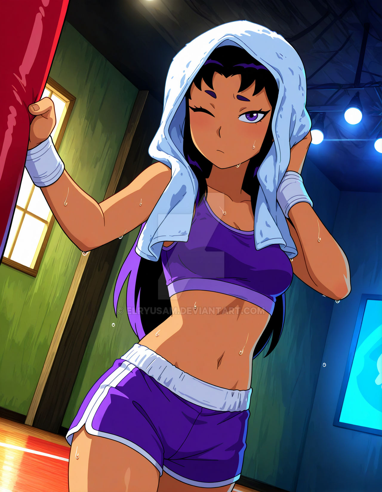 1girls, 2025, ai generated, blackfire, cartoon network, dc, dc comics, deviantart, elryusam, female, gym, gym clothes, gym shorts, gym topwear, looking at viewer, orange skin, purple eyebrows, purple eyes, purple hair, purple outfit, teen titans, towel on head, wet body, wet clothes, winking, winking at viewer