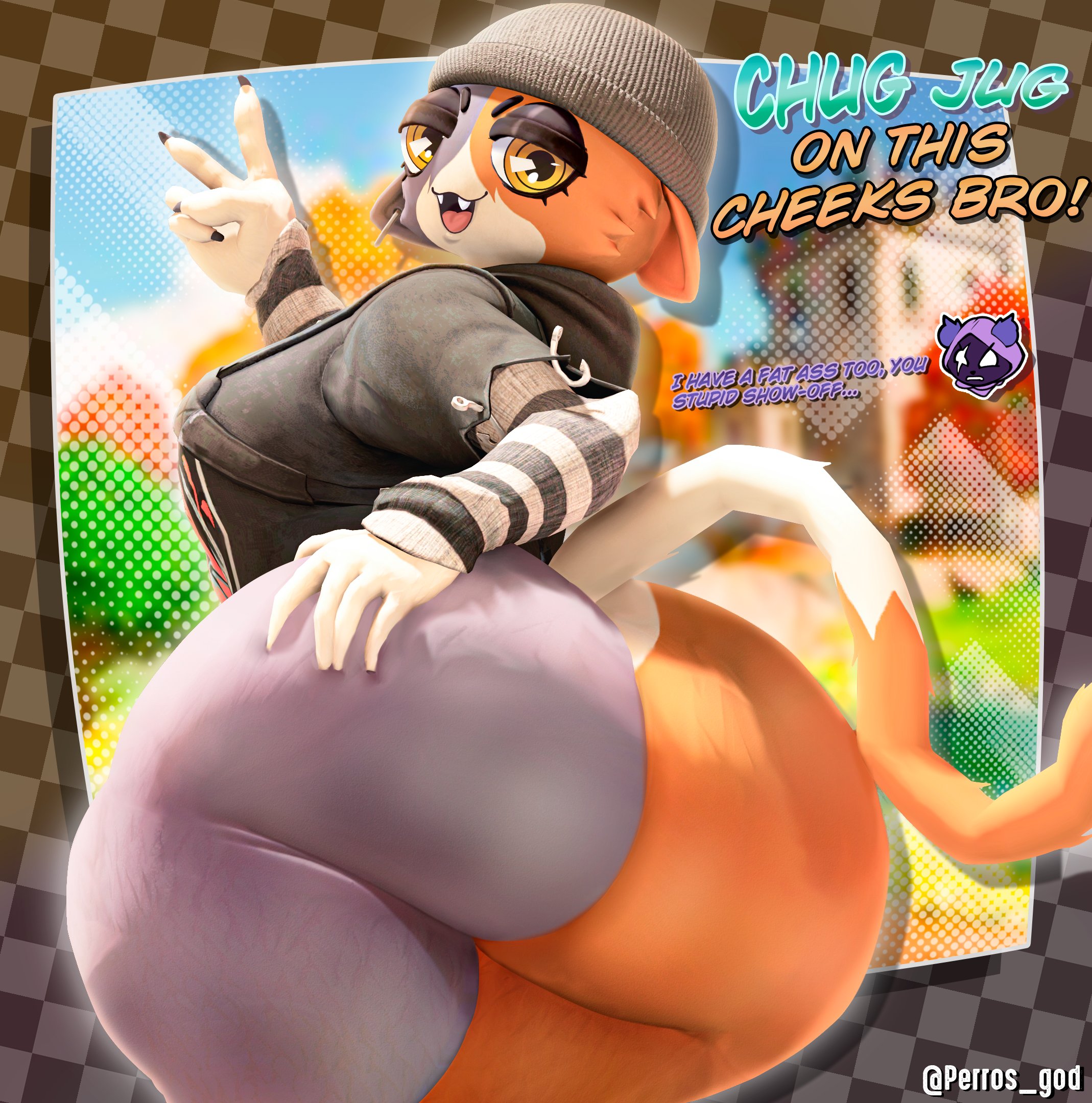 2girls, anthro, ass, ass bigger than head, beanie, behind view, big ass, big breasts, big butt, bottom heavy, bottomless, breasts, bubble ass, bubble butt, cat ears, cat tail, cindablimp, clothing, curvaceous, curvy, curvy figure, dialogue, domestic cat, english text, epic games, feline, female, female only, fortnite, furry, grammatical error, hat, hoodie, huge ass, huge breasts, looking at viewer, looking back, looking back at viewer, meow skulls (fortnite), mostly nude, open mouth, peace sign, perros god, raven team leader, solo focus, tail, text, thick thighs, voluptuous, voluptuous female, wide hips, yellow eyes