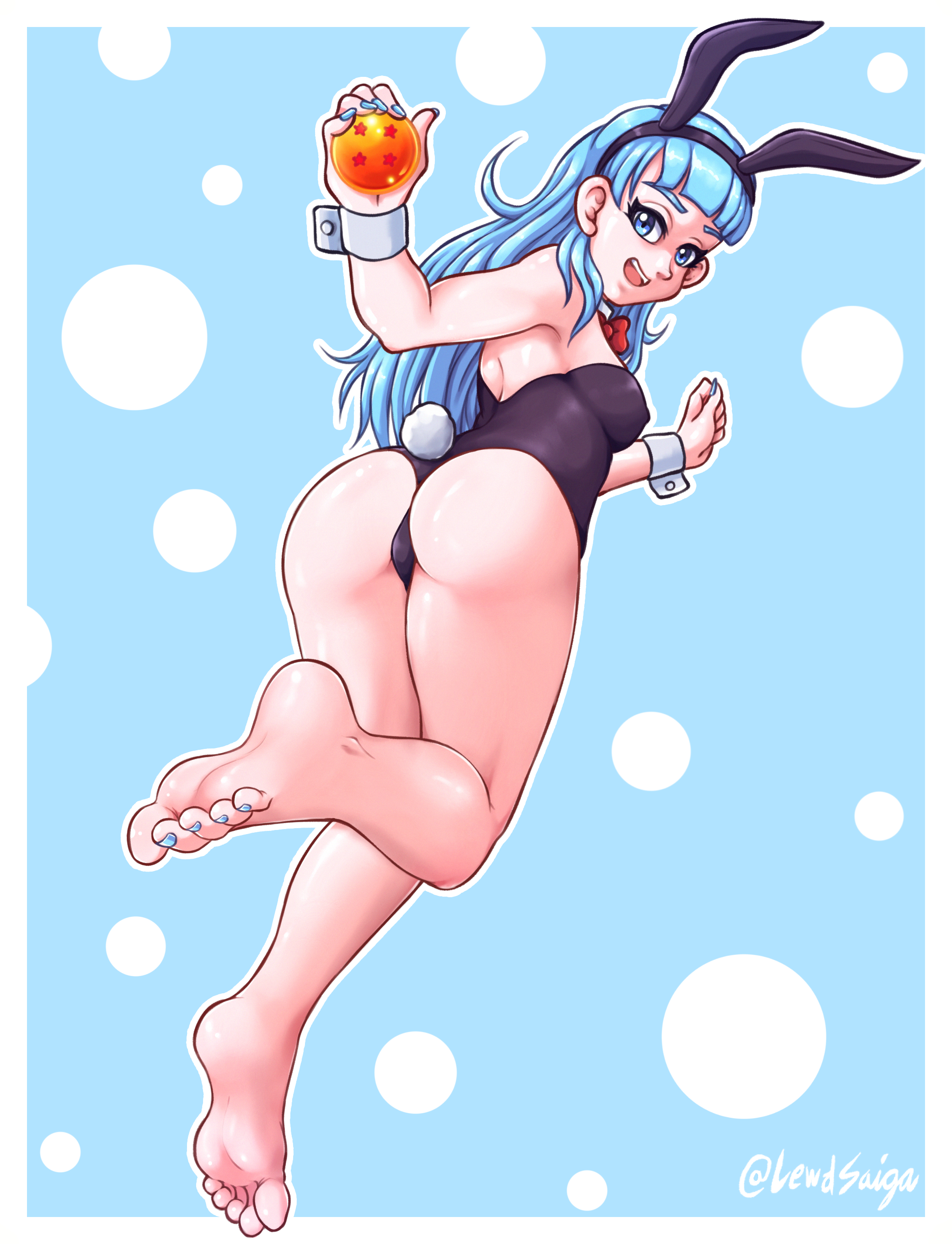 1girls, absurdres, animal ears, ass, bare shoulders, barefoot, bent over, black leotard, blue eyes, blue hair, blue nails, bow, bowtie, breasts, bulma, bulma (bunny), bulma briefs, bunny ears, bunny girl, bunny tail, bunnysuit, cleavage, dragon ball, dragon ball (object), fake animal ears, feet, female, from behind, highres, leotard, lewdsaiga, long hair, looking at viewer, looking back, nail polish, open mouth, polka dot, shiny, shiny hair, shiny skin, simple background, smile, soles, solo, strapless, tail, teal hair, teenage bulma, teenage female, teenager, thighs, wrist cuffs