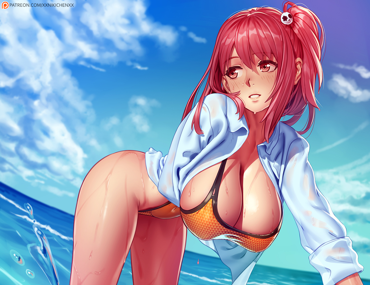 1girls, big breasts, breasts, cleavage, dead or alive, female, female only, honoka (doa), large breasts, outdoors, solo, swimsuit, water, xxnikichenxx