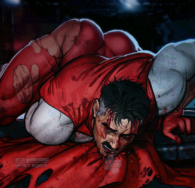 ass, ass up, big ass, black hair, blood, blood on face, blue eyes, cape, clothed, dilf, drooling, grey hair, injury, invincible, invincible (tv series), male, male only, moustache, muscular, muscular male, night, nolan grayson, omni-man, ripped bodysuit, ripped clothing, umikochannart