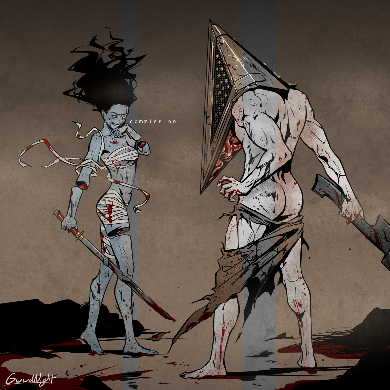 1boy, 1girls, bandaged chest, bandaged waist, bandages, blood, blue skin, crossover, dead by daylight, detached limbs, eastern and western character, female, ghost, guudnight, male, partially nude, pyramid head, rin yamaoka, silent hill, silent hill (film), smile, sword, the spirit (dead by daylight), torn clothes