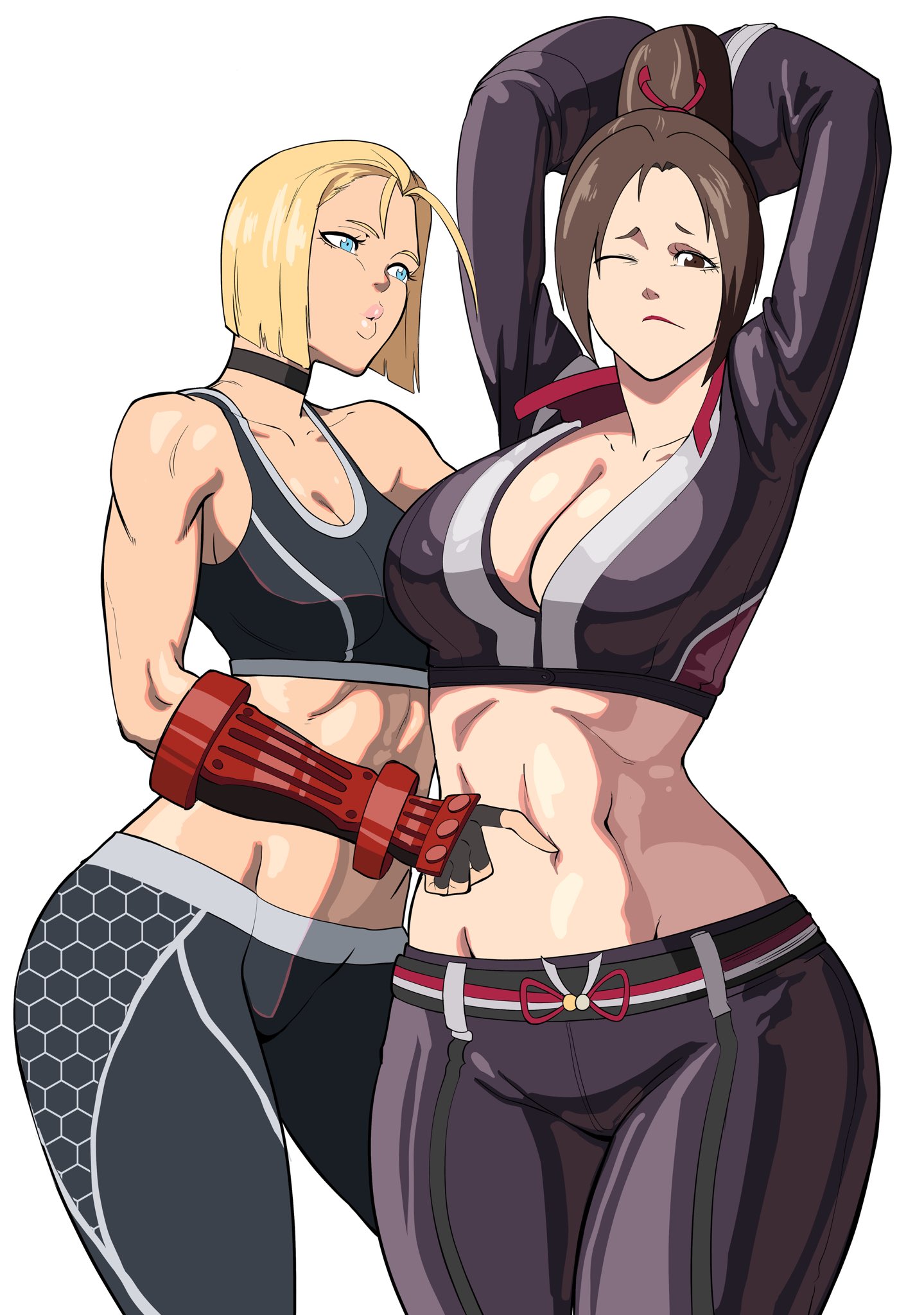 2girls, abs, bangs, belly, belly button, big breasts, black outfit, blonde hair, blue eyes, breasts, brown hair, cammy white, capcom, cleavage, clothing, fatal fury, fatal fury: city of the wolves, female, fingering, high ponytail, human, king of fighters, long hair, long sleeves, mai shiranui, mai shiranui (city of the wolves), medium breasts, muscular, muscular female, navel, navel play, octavius dp, short hair, snk, street fighter, street fighter 6, tease