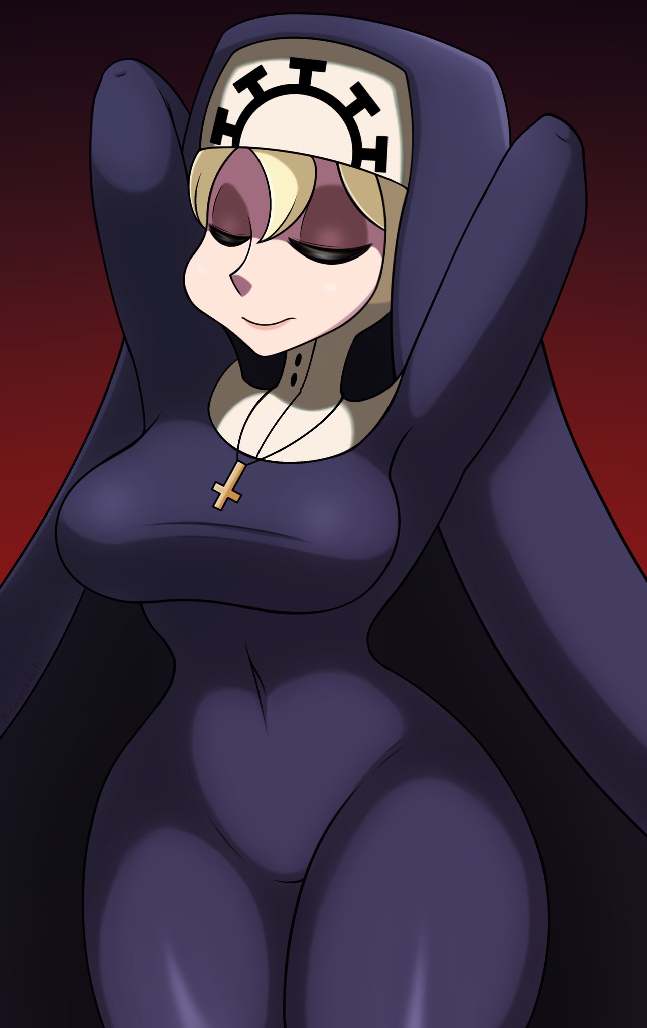 big breasts, big thighs, big titties, breasts, cavendizh, clothing, curvaceous, double (skullgirls), female, female focus, female only, looking at viewer, nun, nun outfit, skullgirls, yellow hair
