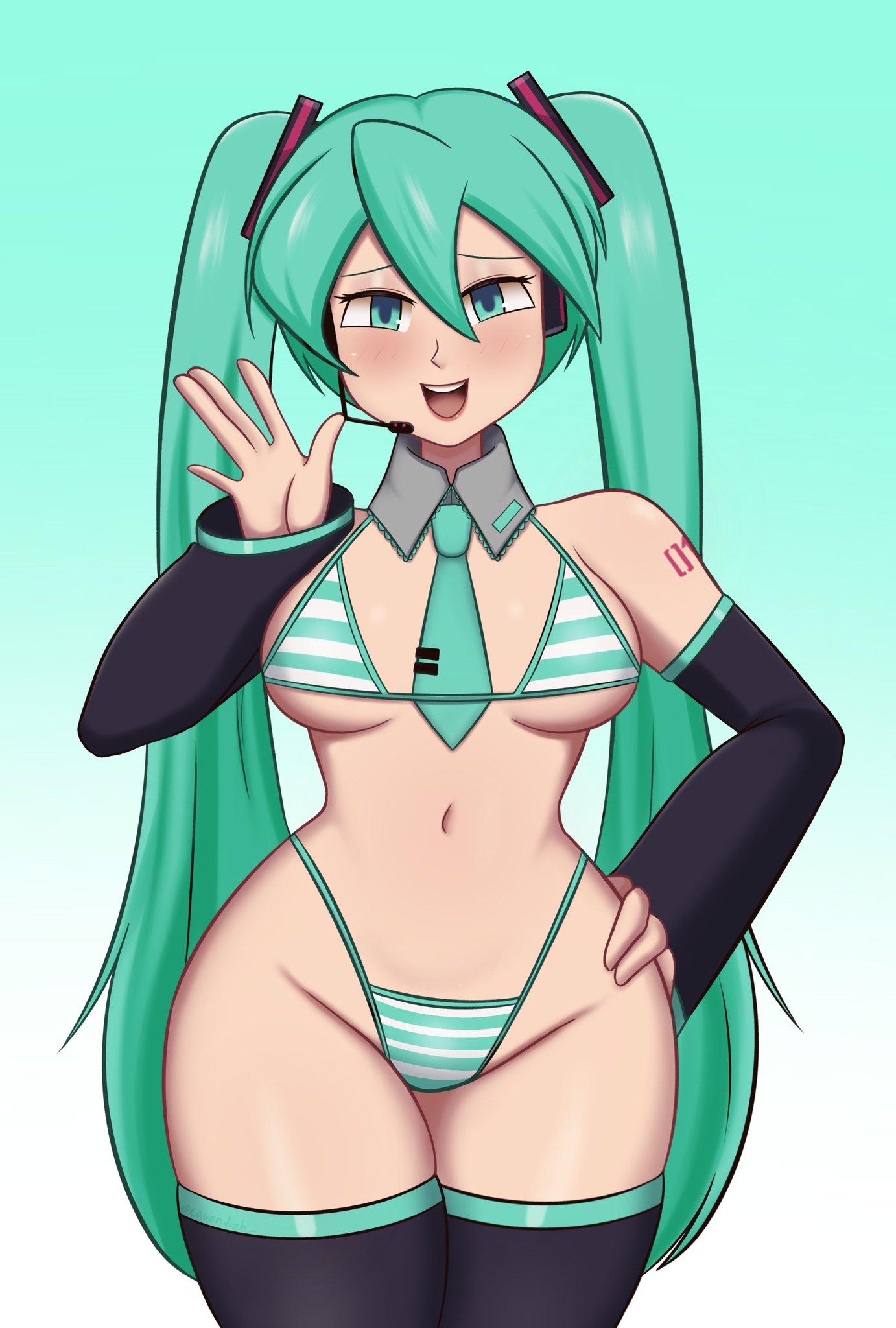 1girl, 1girls, aqua eyes, aqua hair, big breasts, big thighs, big titties, bikini, black thighhighs, blush, breasts, cavendizh, clothing, cowboy shot, curvaceous, curvaceous female, curvaceous figure, curvy, curvy figure, curvy hips, cyan eyes, cyan hair, detached sleeves, female, female focus, female only, gradient, gradient background, hair between eyes, hand on hip, hatsune miku, headset, highleg, highleg bikini, long hair, looking at viewer, medium breasts, navel, necktie, open mouth, simple background, smile, solo, solo female, striped, striped bikini, swimsuit, tattoo, thick thighs, thigh highs, thighhighs, twintails, very long hair, vocaloid, waving, wide hips