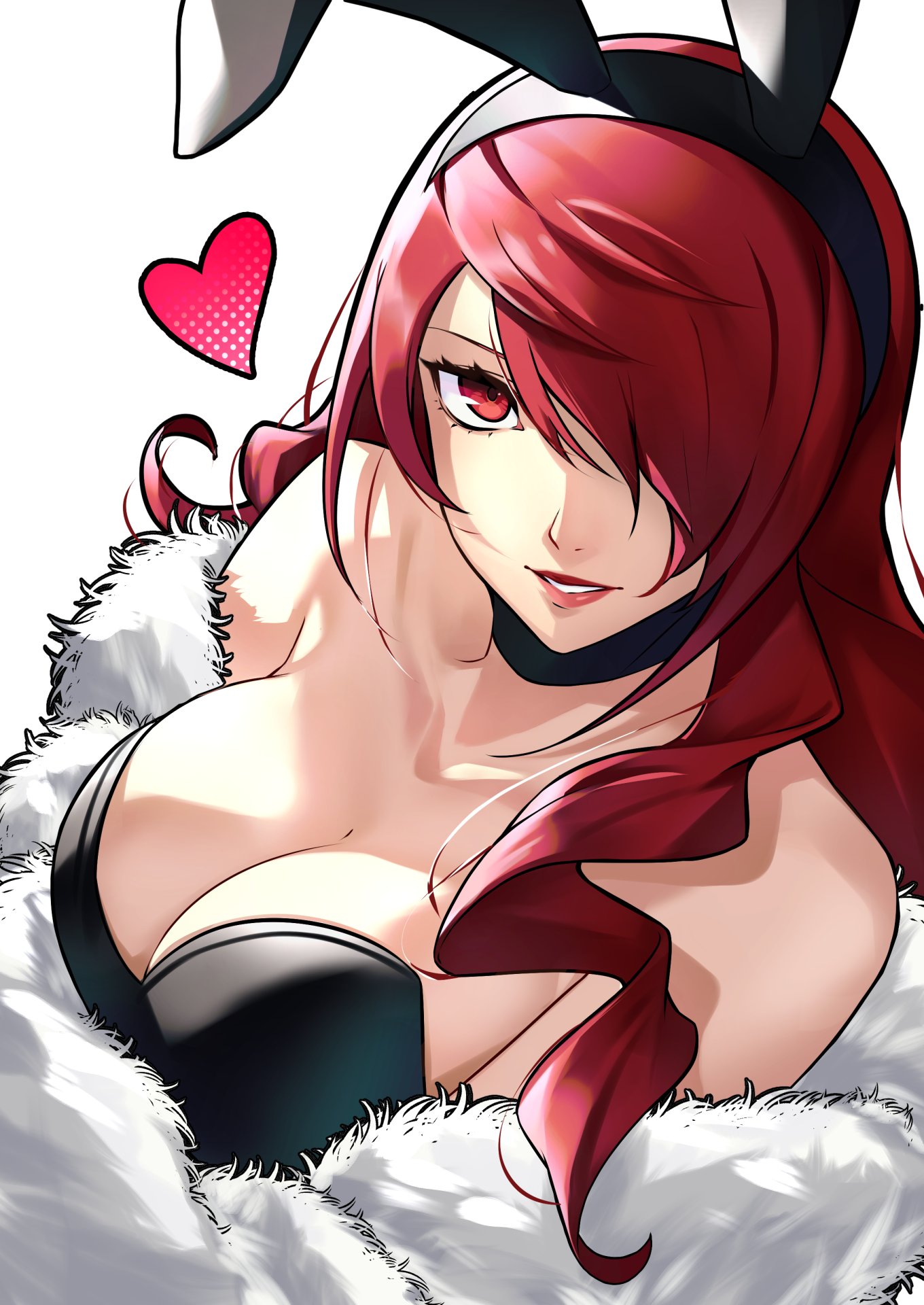 animal ears, black leotard, breasts, cleavage, coat, female, female only, fur coat, hair over one eye, heart, highres, large breasts, leotard, long hair, mitsuru kirijo, persona, persona 3, rabbit ears, red eyes, red hair, simple background, smile, solo, wanderstillart