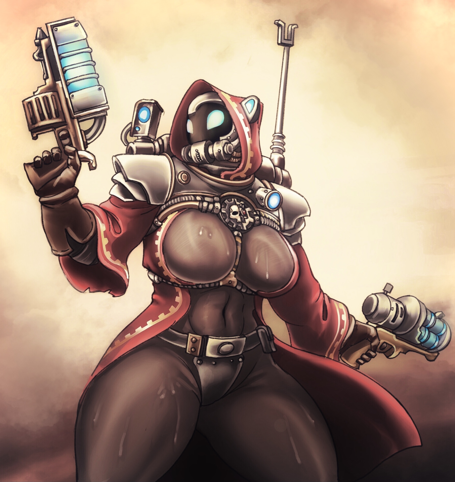 1girls, abhuman, adeptus mechanicus, armor, big breasts, black bodysuit, blue eyes, breasts, cat ears, dual wielding, felinid, female, gas mask, gun, helmet, holding gun, hood, hyper thighs, imperium of man, large breasts, pauldrons, post-human, science fiction, skitarii, solo, sweat, thick thighs, trenchcoat, warhammer (franchise), warhammer 40k, xiao taiyang t2333