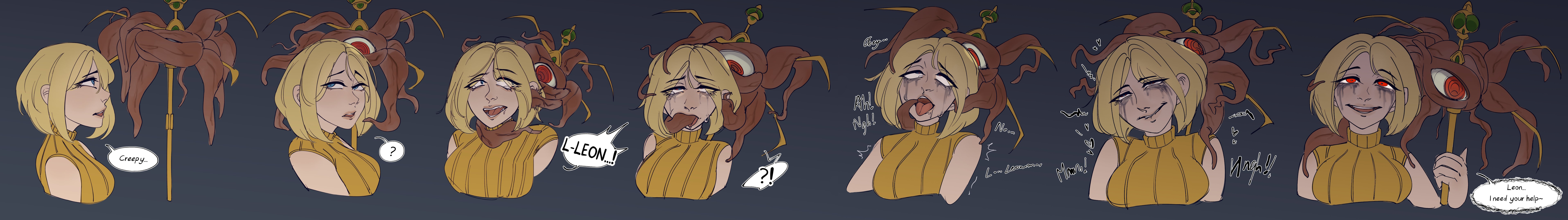 1girls, alien, ashley graham, blonde hair, blue eyes, breasts, clothing, comic, ear penetration, female, funikura, huge breasts, interspecies, mind control, monster, monster on female, open mouth, oral, parasite, penetration, possession, resident evil, sequence, short hair, size difference, tears, tongue, tongue out, vakaent, wide eyed