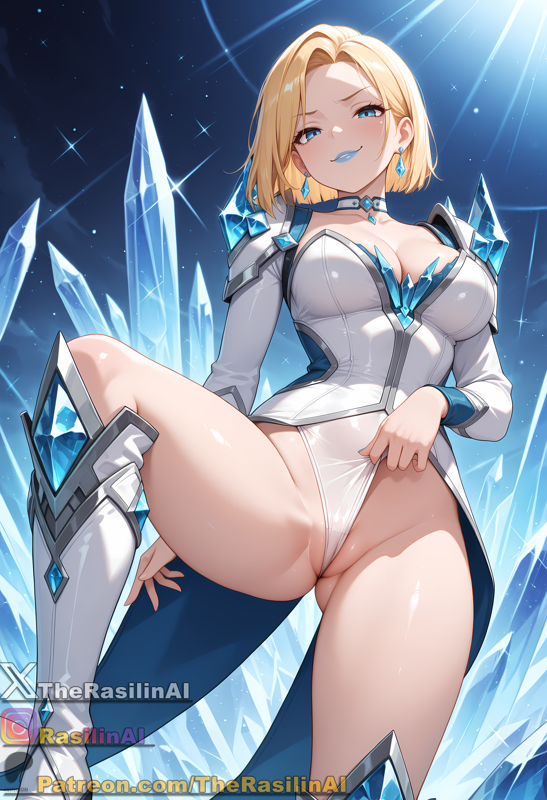 1girls, ai generated, between labia, blonde female, blonde hair, blue eyes, blue lipstick, bob cut, breasts, cleavage, emma frost, emma frost (marvel rivals), female, innie pussy, lipstick, makeup, marvel, marvel comics, marvel rivals, medium breasts, pussy, pussy lips, pussy peek, rasilinai, short hair, stable diffusion, tagme