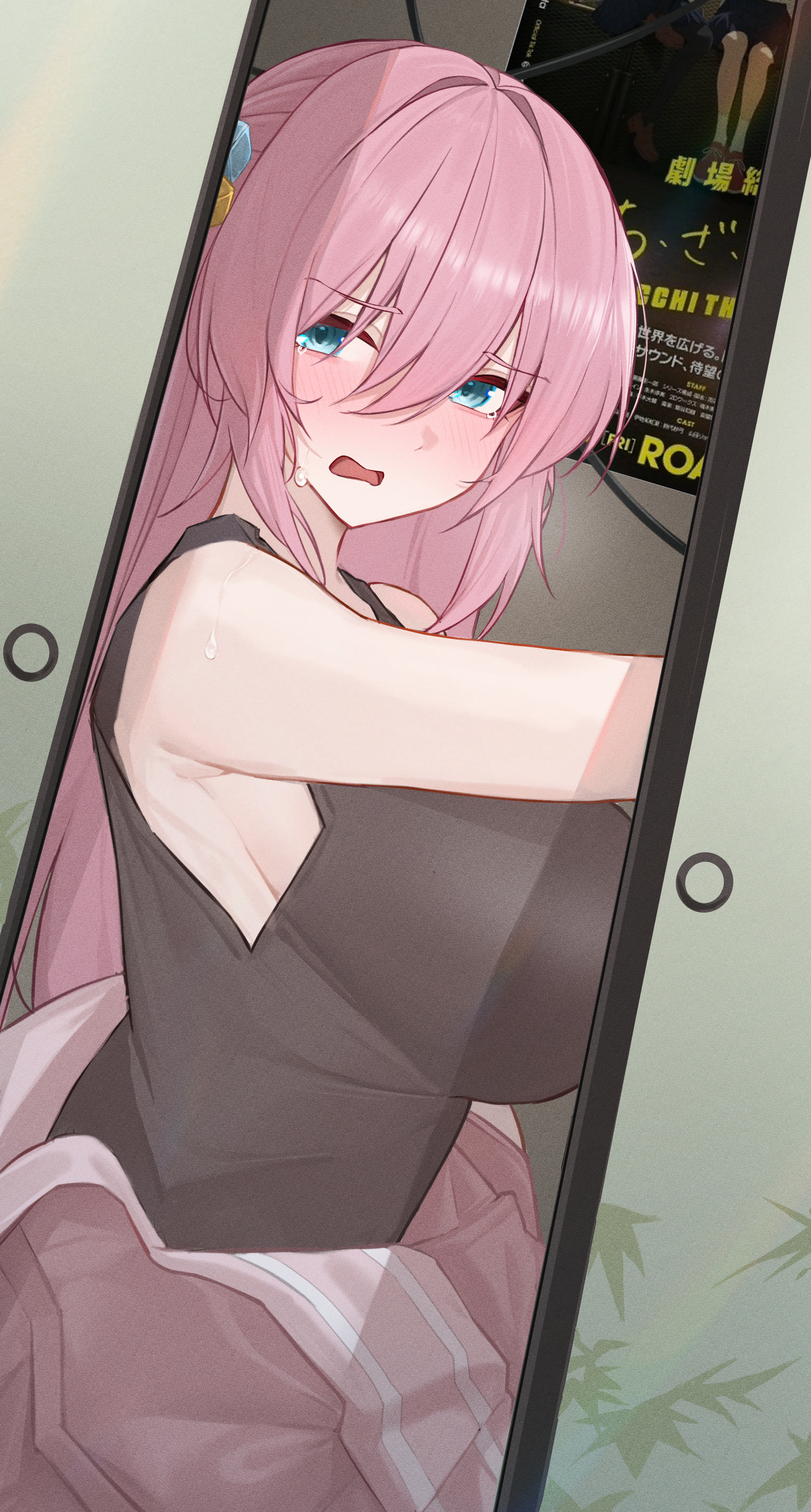 absurdres, armpits, black tank top, bocchi the rock!, breasts, bromide, cube hair ornament, dated commentary, embarrassed, female, female only, gotou hitori, hair ornament, highres, huge breasts, indoors, jacket, kiyoi (gyhw8444), long hair, looking at viewer, pink hair, pink jacket, sliding doors, solo, straight hair, sweat, tank top, track jacket, upper body, very long hair