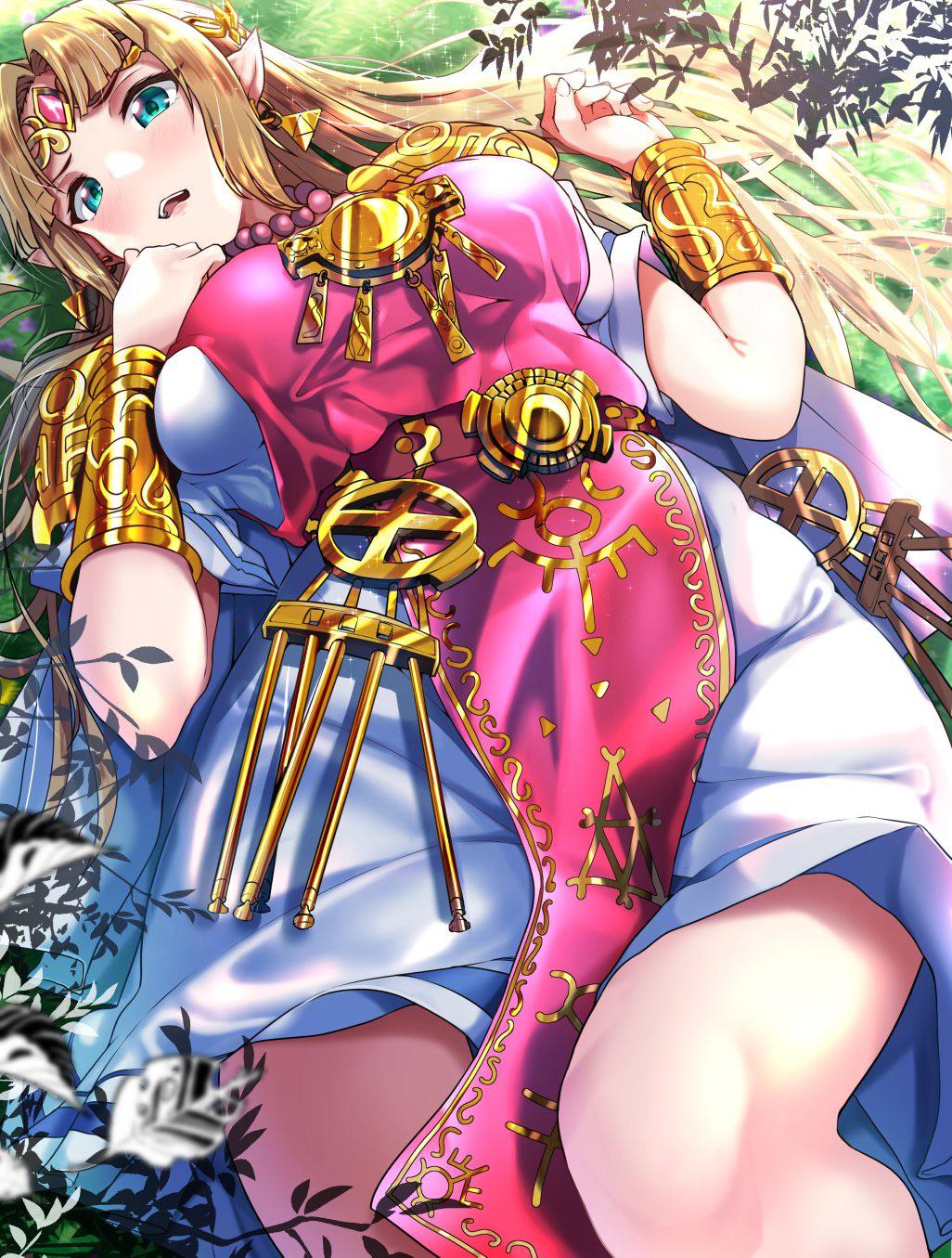 artist request, big breasts, blonde hair, blue eyes, blush, breasts, clothing, curvaceous, curvy, female, female only, light skin, long ears, looking at viewer, lying down, nintendo, princess zelda, royalty, the legend of zelda, zelda (a link between worlds)