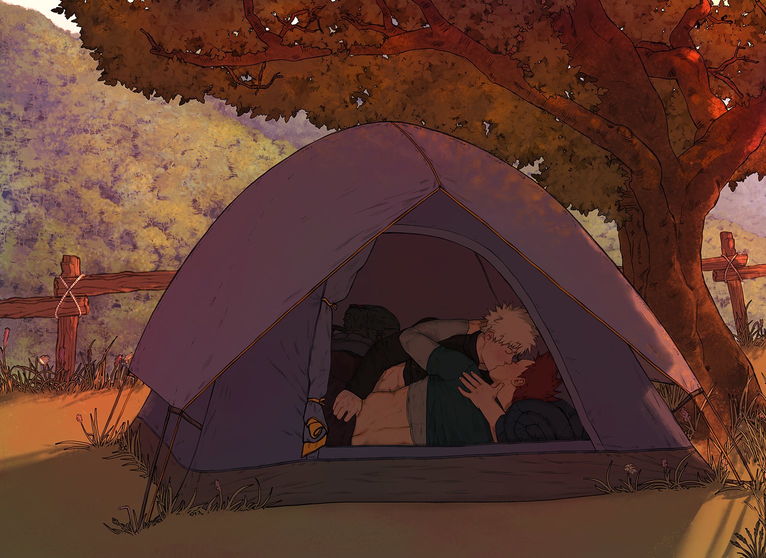 2boys, camping, eijirou kirishima, fanon couple, gay, holding, katsuki bakugou, kissing, love, male, male only, my hero academia, outdoors, siij, sleeping bag, tent, yaoi