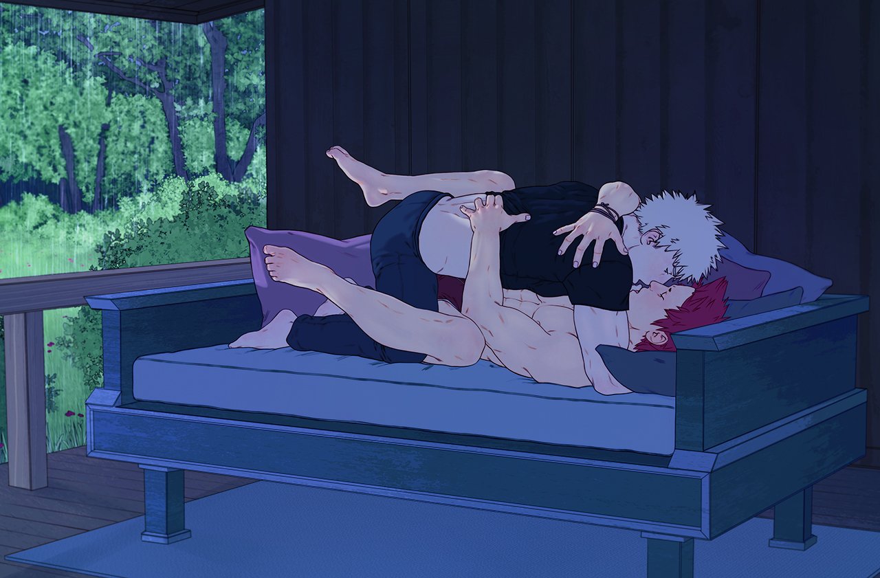 2boys, barefoot, couch, dry humping, eijirou kirishima, gay, humping, katsuki bakugou, kissing, male, male only, male/male, my hero academia, open mouth, rain, siij, yaoi