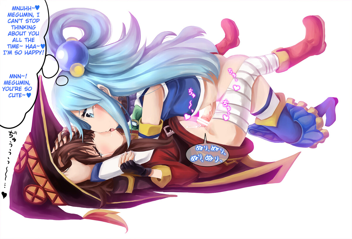 1futa, 1girls, age difference, aqua (konosuba), big dom small sub, big penis, blue eyes, blue hair, blush, boots, bottomless, censored, clothed, dickgirl, drooling, erection, female, female penetrated, femsub, french kissing, futa on female, futa penetrating, futa sans balls, futadom, futanari, goddess, heel boots, herm, high heel boots, human, imminent rape, imminent sex, intersex, kissing, kono subarashii sekai ni shukufuku wo!, larger futa, legs up, long penis, megumin, penis, pleasure face, precum, pussy, saliva, saliva trail, size difference, skirt down, smaller female, spread legs, teenager, thigh boots, thighhigh boots, thought bubble, translated, vaginal penetration