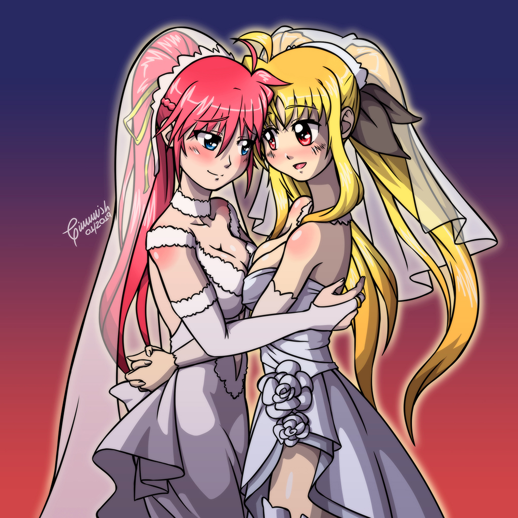 2girls big_breasts blonde_hair blue_background blue_eyes blush breast_press breasts bridal_veil bride choker cleavage closed_eyes collarbone colored_eyebrows couple dress elbow_gloves eyebrows_visible_through_hair fate_testarossa female female_only flower frills hair_ornament hair_ribbon holding_hands hug jewelry large_breasts lingerie long_hair looking_at_another lyrical_nanoha mahou_shoujo_lyrical_nanoha_strikers multiple_girls open_mouth pink_hair ponytail red_background red_eyes ribbon ring see-through signum simple_background smile stockings symmetrical_docking twintails two-tone_background veil wedding wedding_dress wife_and_wife yuri