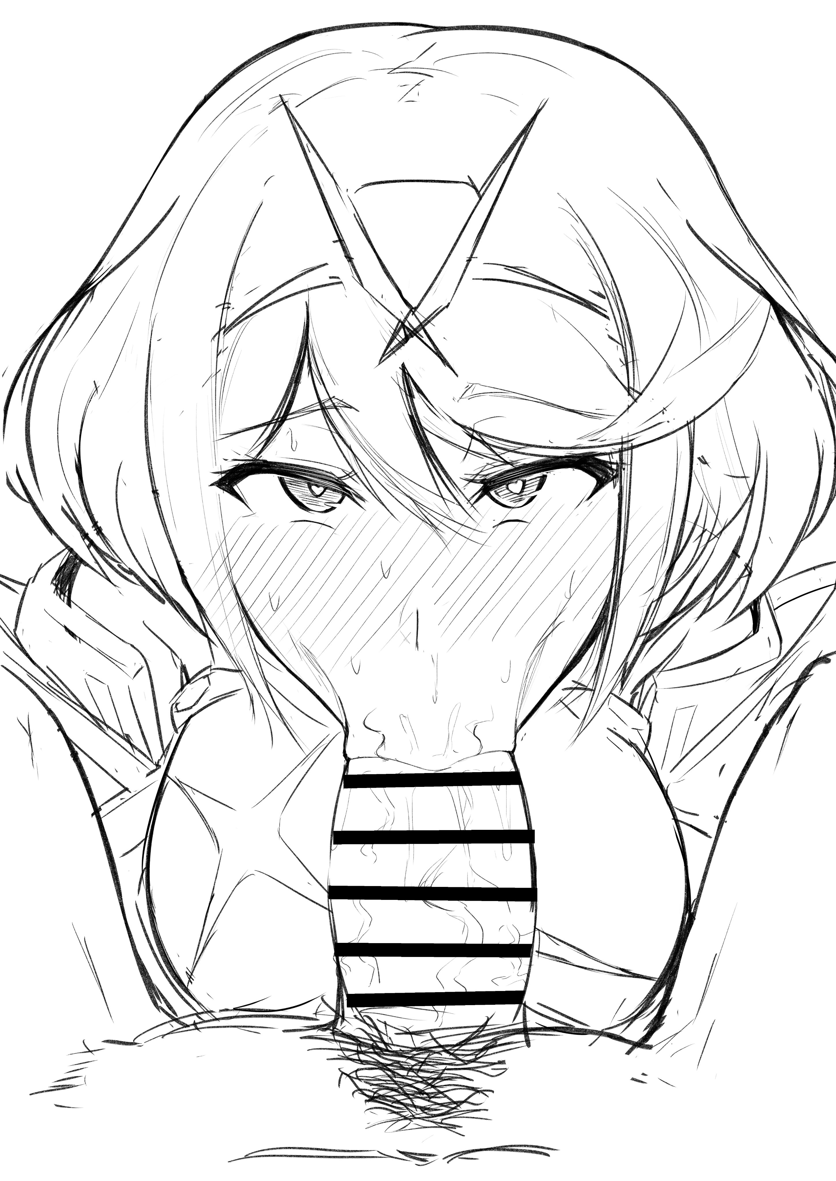 :>=, blush, censored, fellatio, female, gatyo 5, hair ornament, heart-shaped pupils, looking at viewer, monochrome, nintendo, pyra, short hair, sketch, sucking, tiara, xenoblade (series), xenoblade chronicles 2