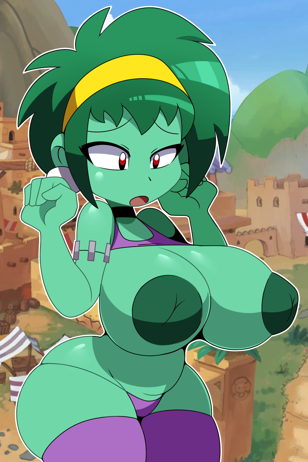1girls, ass, breasts, female, female only, green hair, green skin, huge ass, huge breasts, inverted nipples, red eyes, rottytops, shantae, shirt lift, smooth skin, solo, solo female, wide hips, zombie, zombie girl