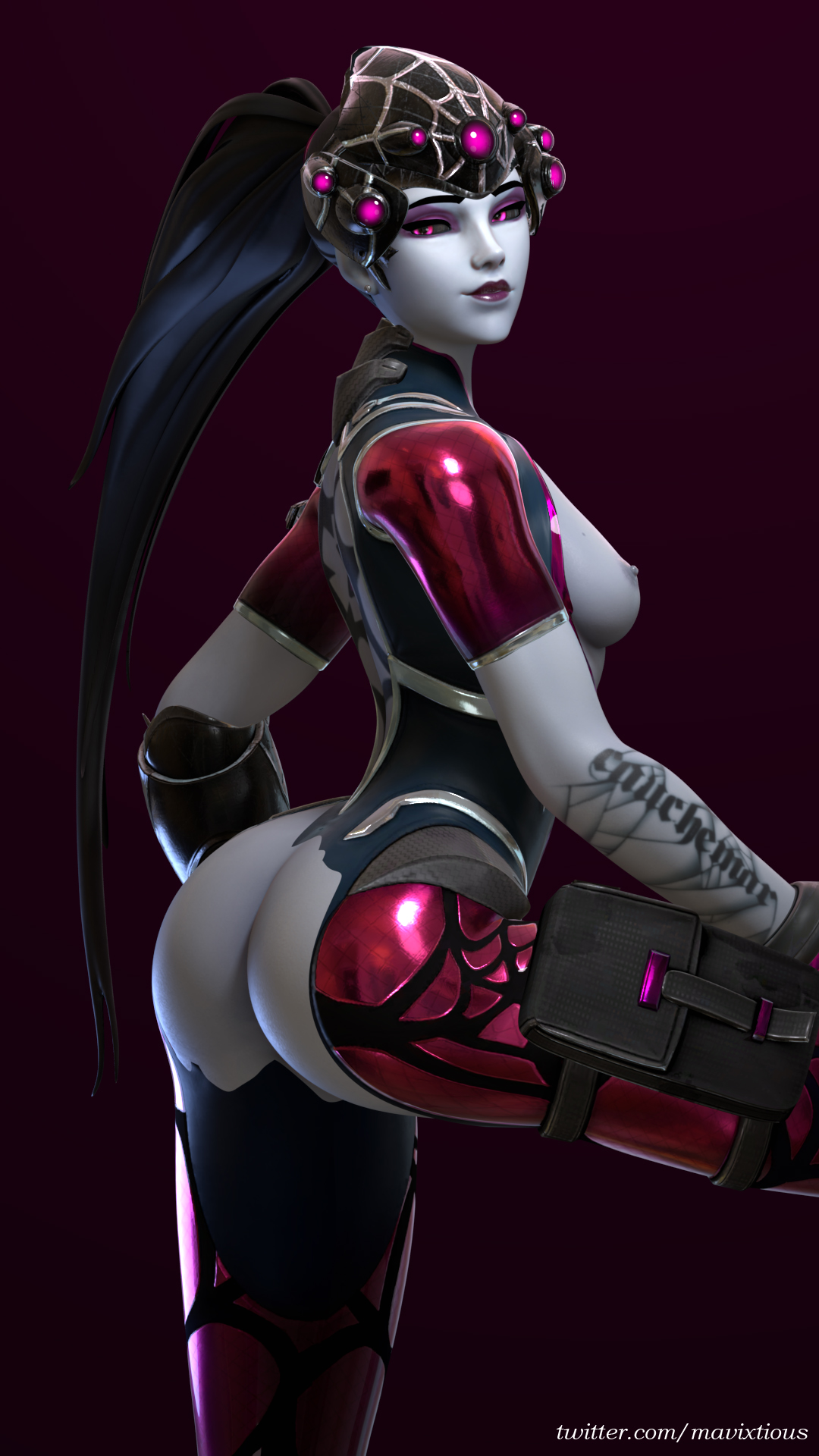 1girls, 3d, alternate costume, amelie lacroix, anus, arched back, areolae, ass, big ass, black hair, blender, blizzard entertainment, breasts, female, female only, latex, long hair, looking at viewer, looking away, looking back, mavixtious, nipples, one leg up, overwatch, purple eyes, purple lipstick, pussy, smile, smiling, smiling at viewer, solo, solo female, spider widowmaker, standing, tattoo, teasing, tight clothing, viewed from below, widowmaker