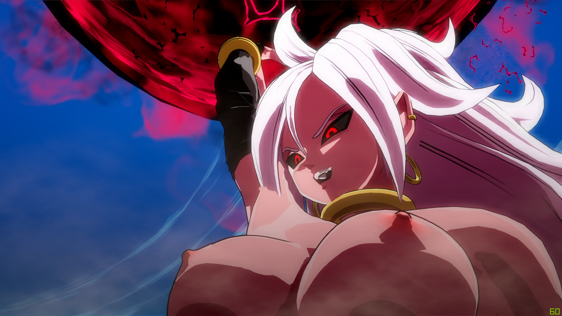1girls, 2010s, 3d, 3d (artwork), android 21, android 21 (evil), big breasts, black sclera, bracelet, breasts, dark persona, dragon ball, dragon ball fighterz, earrings, female, female only, humanoid, large breasts, long hair, majin, majin android 21, mod, nipples, nude, nude female, nude mod, nudity, pink nipples, pink skin, pointy ears, red eyes, screencap, solo, topless, uncensored, white hair