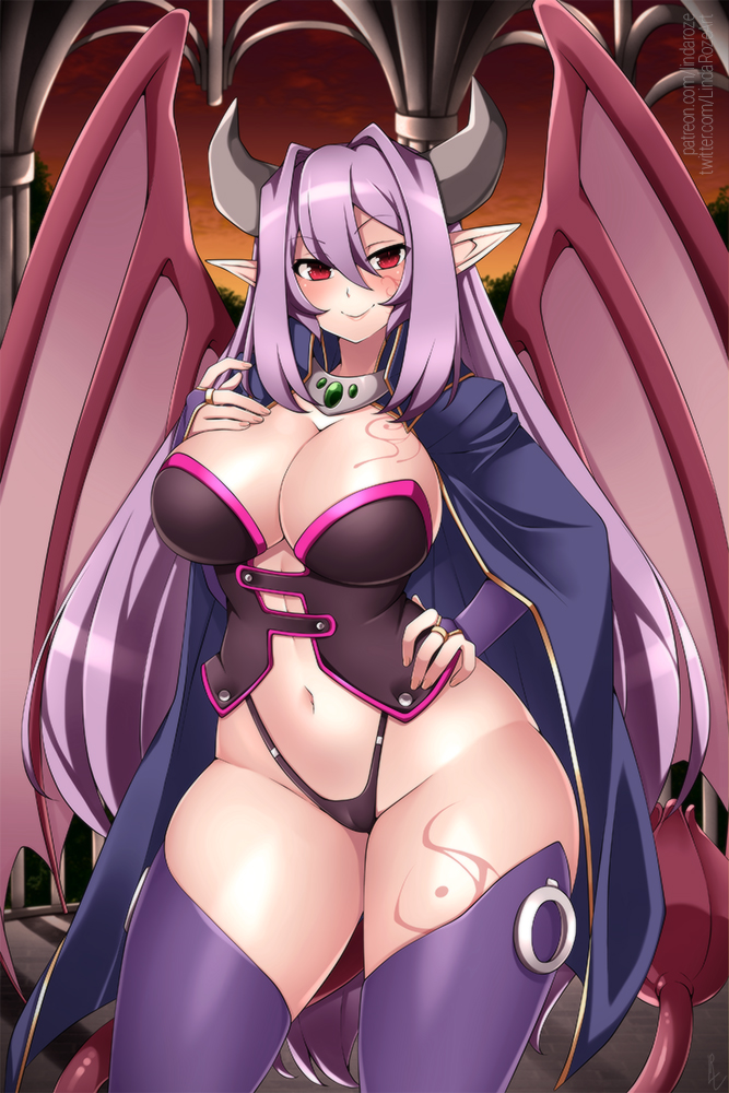 1girls alma_elma bat_wings black_thong breast_tattoo breasts bridal_gauntlets cape cleavage demon_girl demon_horns demon_tail demon_wings dress female horns large_breasts lindaroze long_hair looking_at_viewer mon-musu_quest! monster_girl monster_girl_quest navel pointed_ears pointy_ears purple_dress purple_hair red_eyes revealing_clothes smile solo solo_female standing succubus succubus_costume succubus_horns succubus_queen succubus_tail succubus_wings tail tattoo thighhighs thong wings