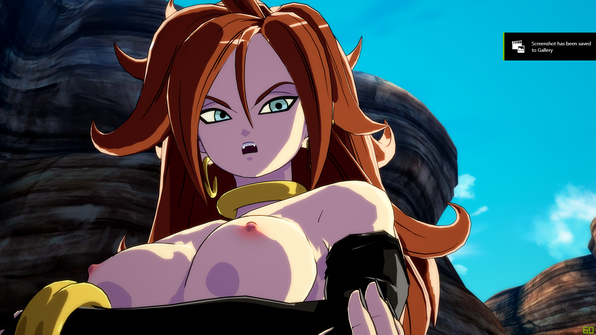 1girls, 2010s, 3d, 3d (artwork), android, android 21, android 21 (human), big breasts, blue eyes, breasts, brown hair, dragon ball, dragon ball fighterz, female, female only, glasses, large breasts, light skin, light-skinned female, mod, nipples, nude mod, screencap, solo, uncensored, video games