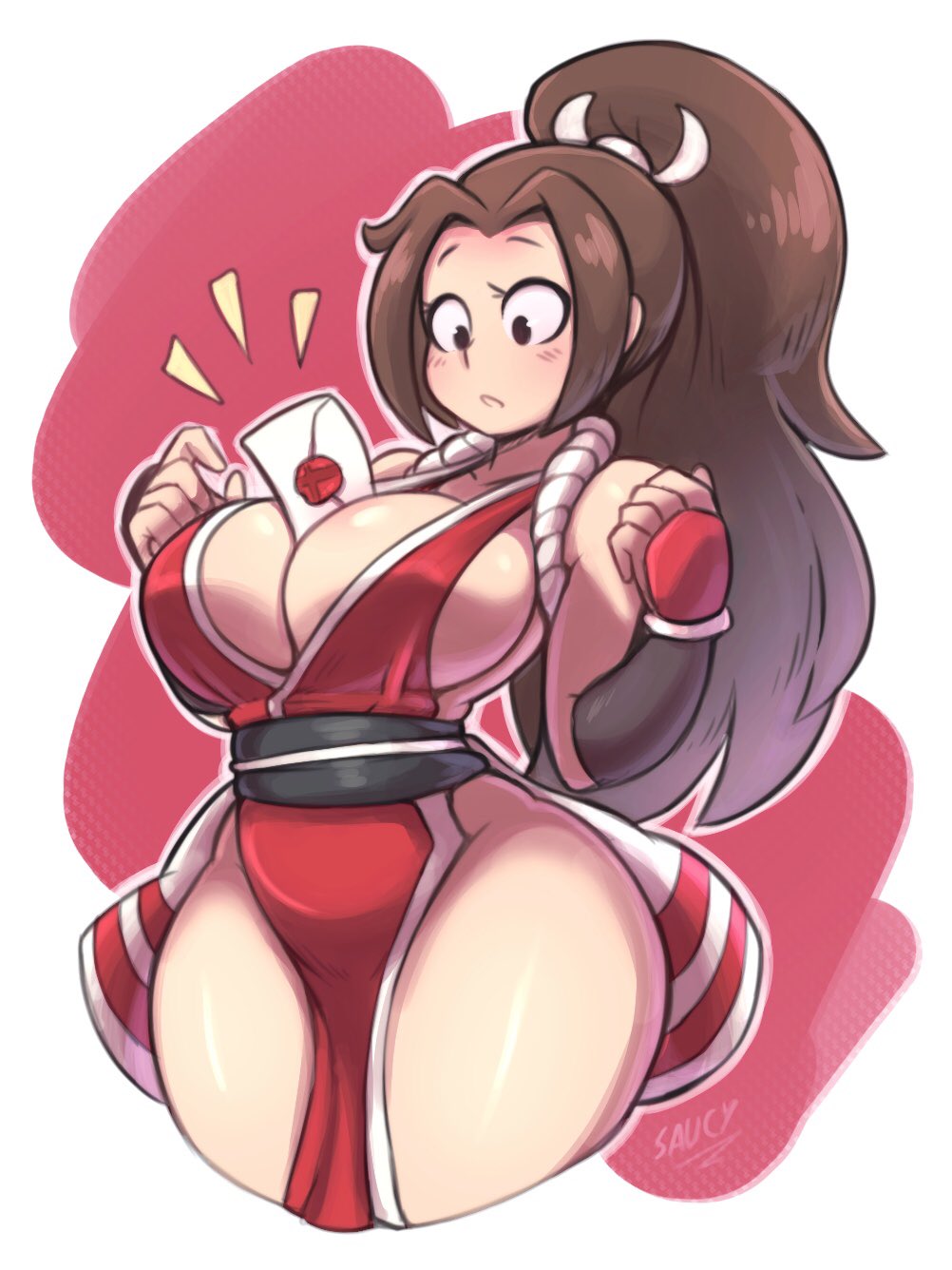 between_breasts big_breasts dress envelope huge_breasts king_of_fighters looking_at_self mai_shiranui object_between_breasts ponytail secretly_saucy smash_invitation snk super_smash_bros. thick_thighs