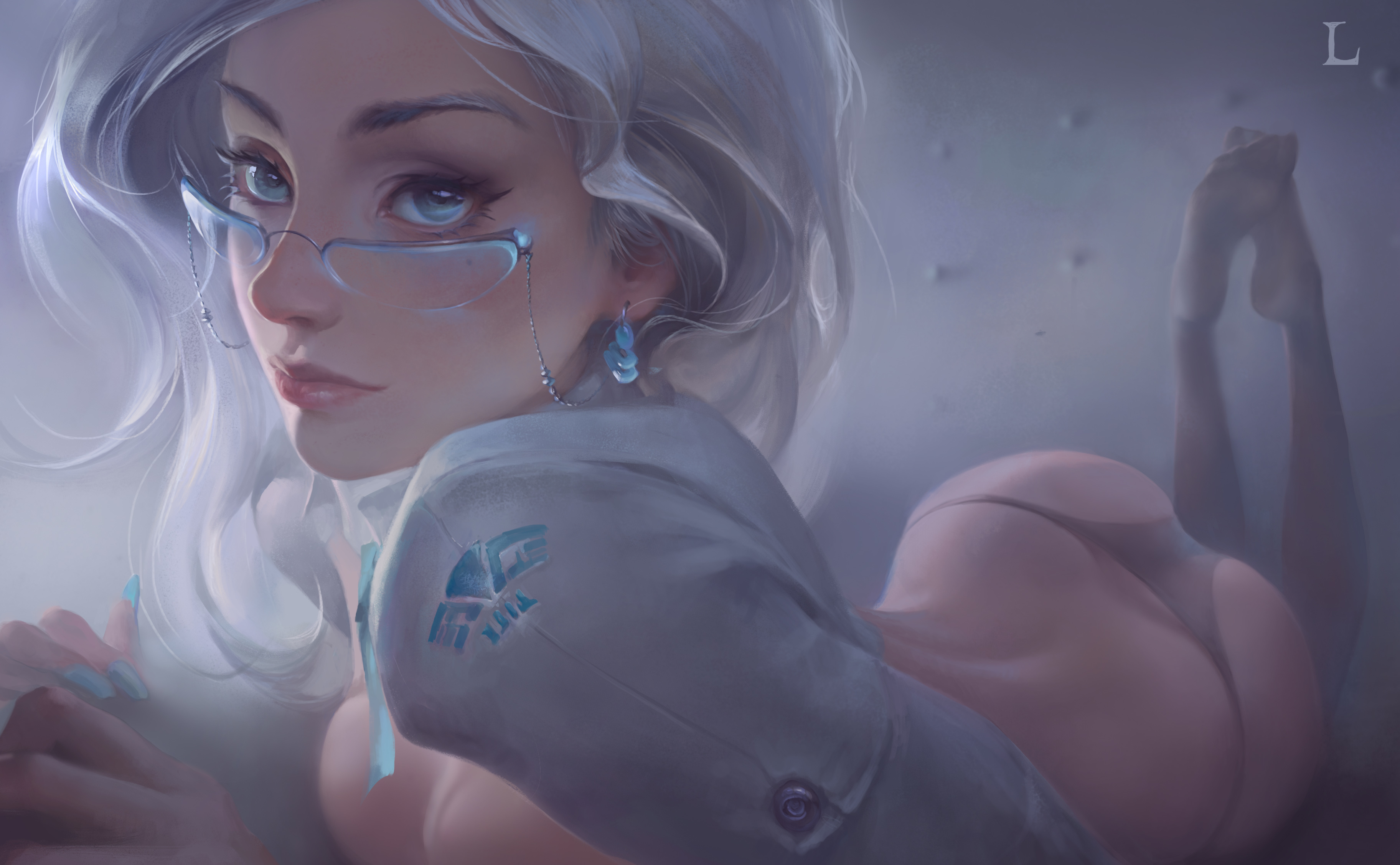 1girls, 2020, ass, blue eyes, blue nails, cleavage, clothed, earrings, female, female focus, female only, glasses, laying, laying down, laying on stomach, light skin, light-skinned female, lily (subverse), looking at viewer, luna l, medium hair, nail polish, pale skin, pale-skinned female, panties, solo, solo female, stockings, studiofow, subverse, tagme, white hair