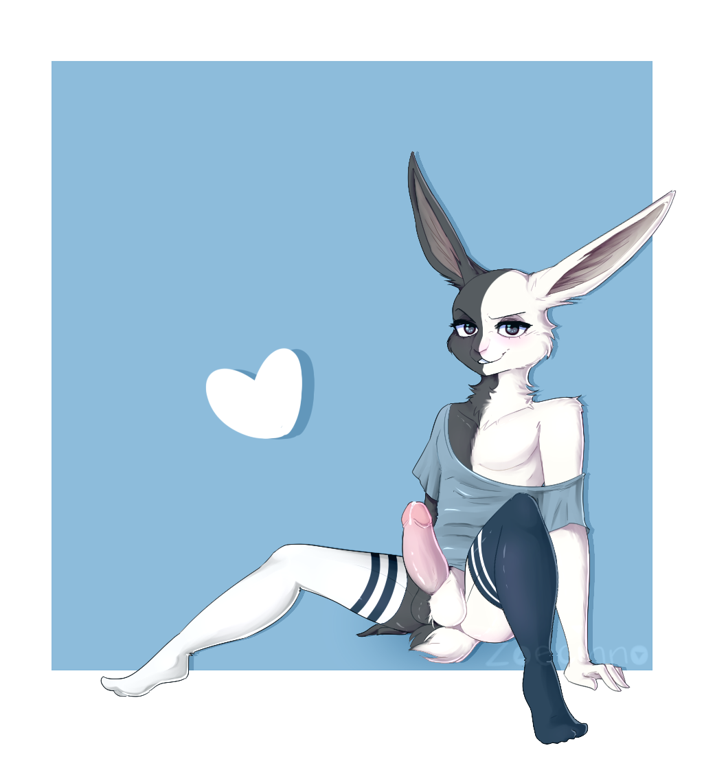 1boy anthro balls beastars black_body black_fur blush bodily_fluids bottomless clothed clothing crossdressing erection fur genital_fluids genitals harlequin_rabbit humanoid_genitalia humanoid_penis lagomorph large_penis legwear leporid long_ears male male_only mammal mizuchi_(beastars) partially_clothed penis precum precum_drip rabbit rule_63 shirt socks solo split_color stockings thigh_highs topwear trap white_body white_fur zoecinno