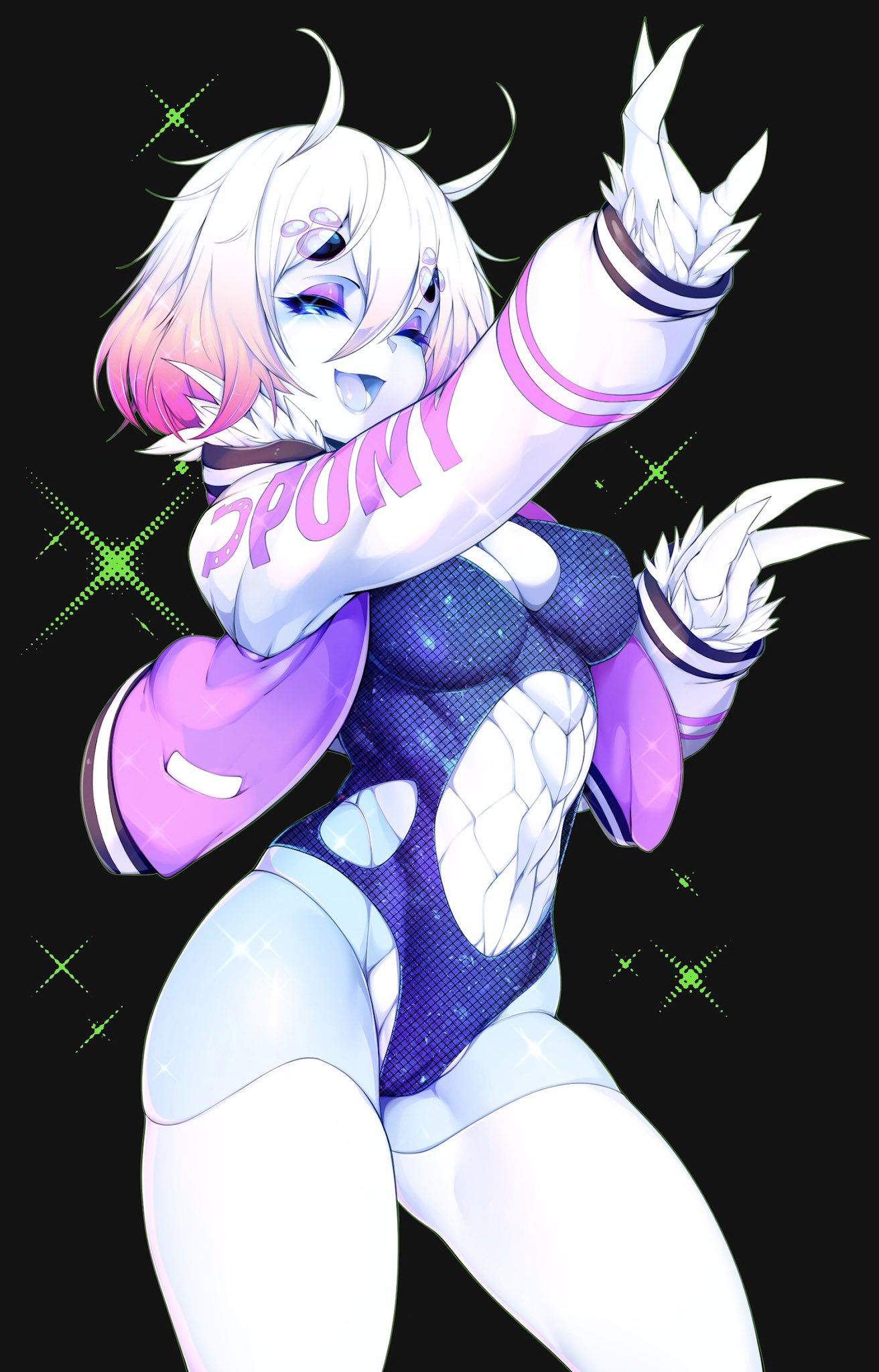 1girls, abs, breasts, cleavage, female, female only, looking at viewer, monster girl, open, original, scleriteaeaeaggadah, slugbox, solo, thighhighs