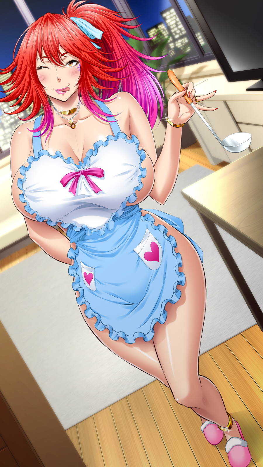 1girls apron apron_only big_breasts breasts brown_eyes chinbotsu cleavage female female_only happy holding_object huge_breasts long_hair looking_at_viewer necklace one_eye_closed ponytail red_hair red_nails slippers smile smiling solo solo_female tattoo thick_thighs tongue_out wide_hips