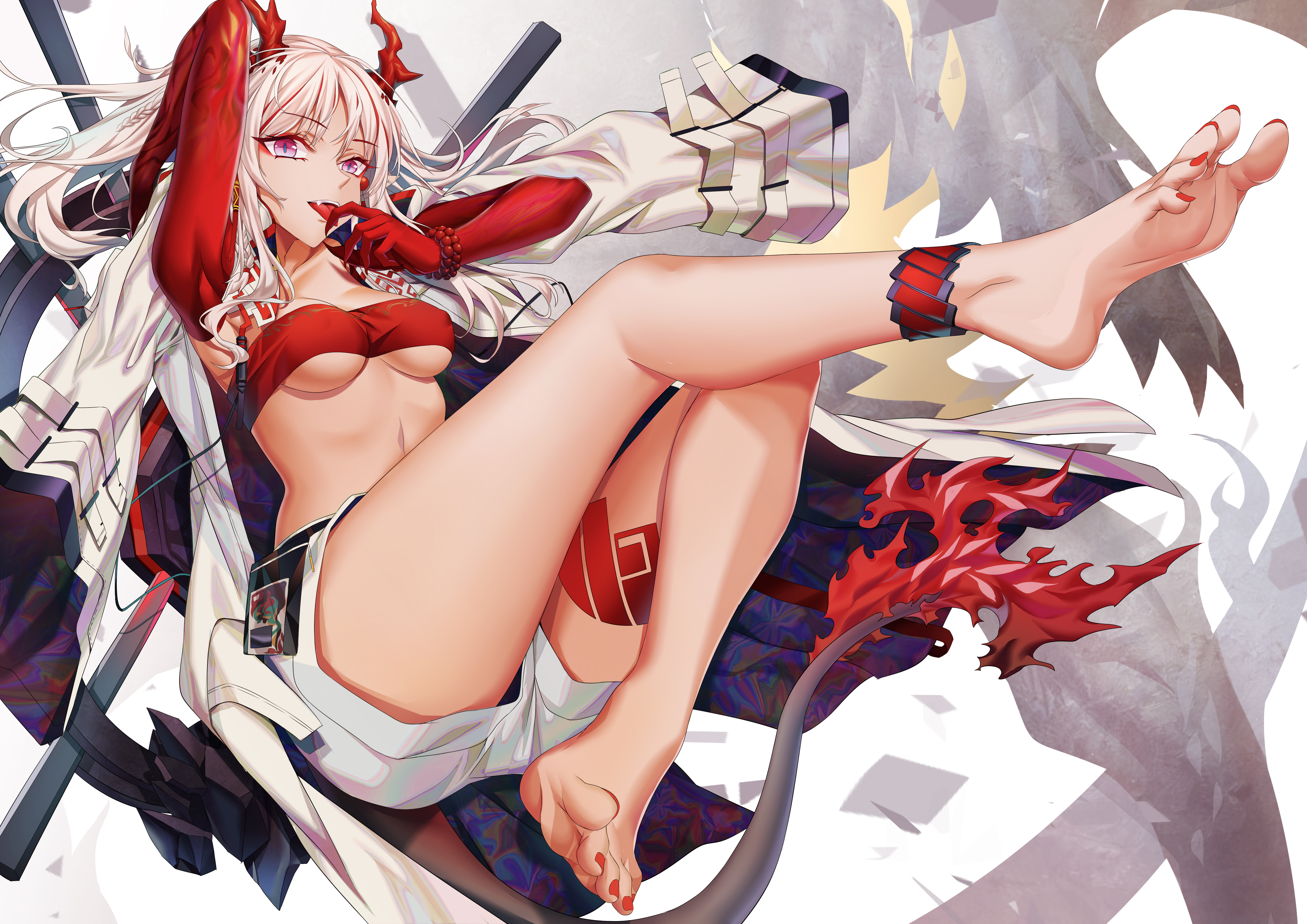 1girls, arknights, bare legs, barefoot, breasts, dragon, dragon girl, fangs, feet, female, foot fetish, horn, horns, looking at viewer, nian (arknights), pink eyes, red clothing, red horns, red nail polish, red nails, red toenails, soles, spread toes, tail, toenails, toes, tongue, tongue out, underboob, white hair