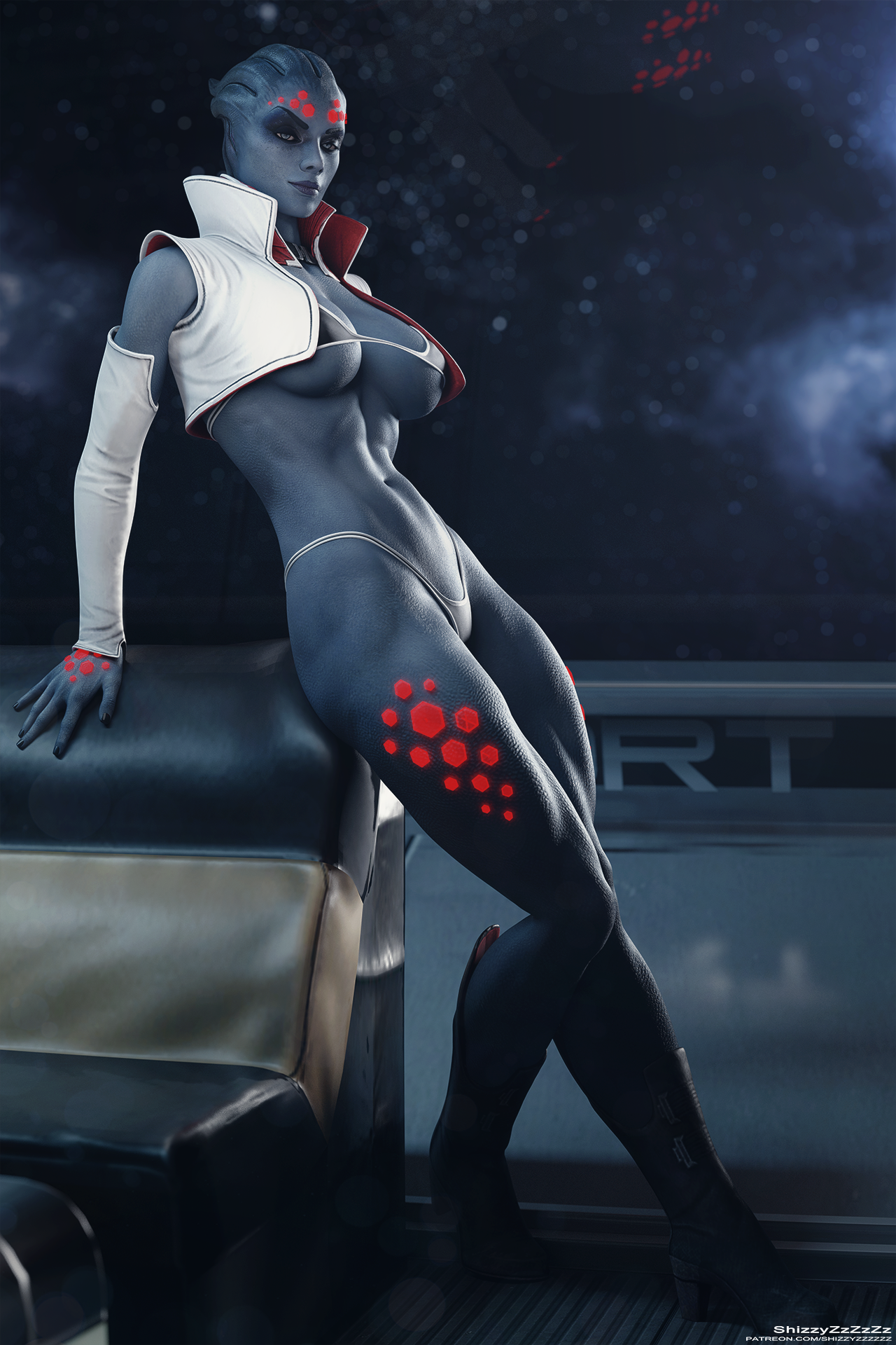 1girls, 3d, alien, areolae, asari, big breasts, blender, breasts, female, female only, gina cale (shizzyzzzzzz), large breasts, looking at viewer, mass effect, nipples, oc, original character, shizzyzzzzzz, solo
