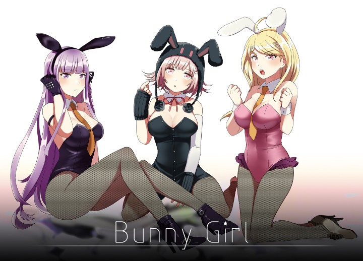 3girls akamatsu_kaede alternative_outfit blonde_hair bunny_ears bunny_girl bunnysuit danganronpa danganronpa_2:_goodbye_despair danganronpa_v3 female female_only fishnet_stockings gloves high_heels kirigiri_kyouko multiple_girls nanami_chiaki pantyhose pink_eyes pink_hair purple_eyes purple_hair simple_background straight_hair yellow_eyes