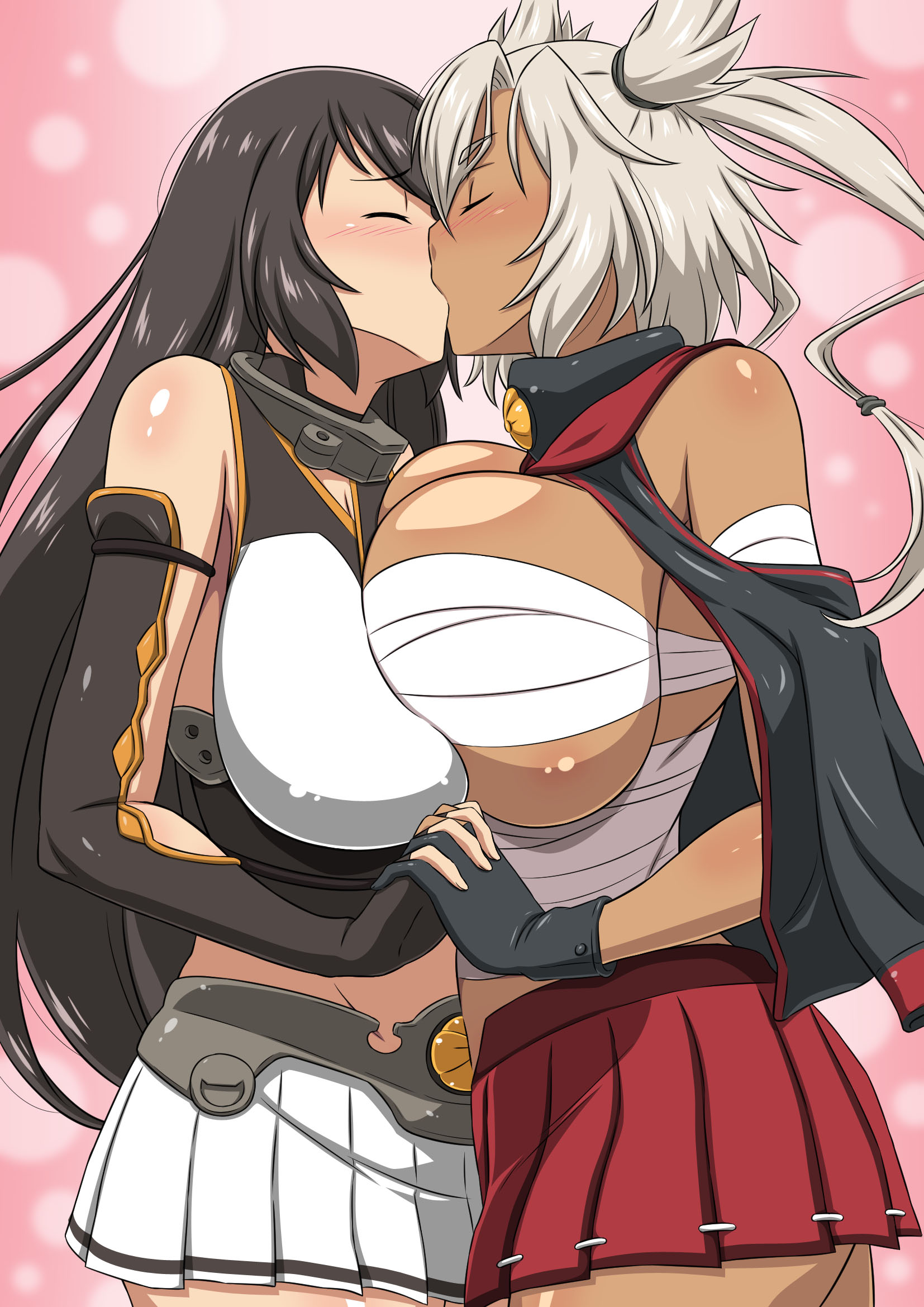 2girls, armor, bare shoulders, beltskirt, black gloves, black hair, blush, breast press, breasts, choker, closed eyes, dark skin, eyebrows visible through hair, female, fingerless gloves, gloves, hand holding, highres, huge breasts, kantai collection, kissing, long hair, midriff, miniskirt, multiple females, multiple girls, musashi (kantai collection), nagato (kantai collection), pleated skirt, red skirt, sarashi, shiny, shiny hair, shiny skin, sideskirt, skirt, symmetrical docking, twintails, very long hair, white hair, white skirt, yuri