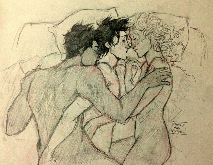 1girls, 2boys, annabeth chase, ass, ass grab, bed, bisexual, bisexual male, black and white, cherryandsisters, cuddling, female, human, human only, limited palette, male, male/male, mmf threesome, monochrome, muscles, muscular, nico di angelo, nude, nude female, nude male, pencil (artwork), percy jackson, percy jackson and the olympians, pillow, sketch, sleeping, threesome, trio, wholesome