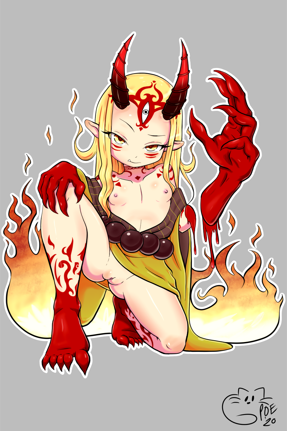 2020 5_fingers ass berserker_ibaraki-douji biped blonde_hair blood bodily_fluids bottomless breasts claws cleavage clothed clothing cute_fangs demon demon_humanoid eyebrows fate_(series) female fingers fire flaming_hair genitals grey_background hair hi_res horn horned_humanoid humanoid humanoid_pointy_ears looking_at_viewer multicolored_body nipples pale_skin pillarbox poethewondercat pseudo_hair pussy raised_eyebrow red_body red_skin signature simple_background small_breasts solo translucent translucent_hair yellow_eyes