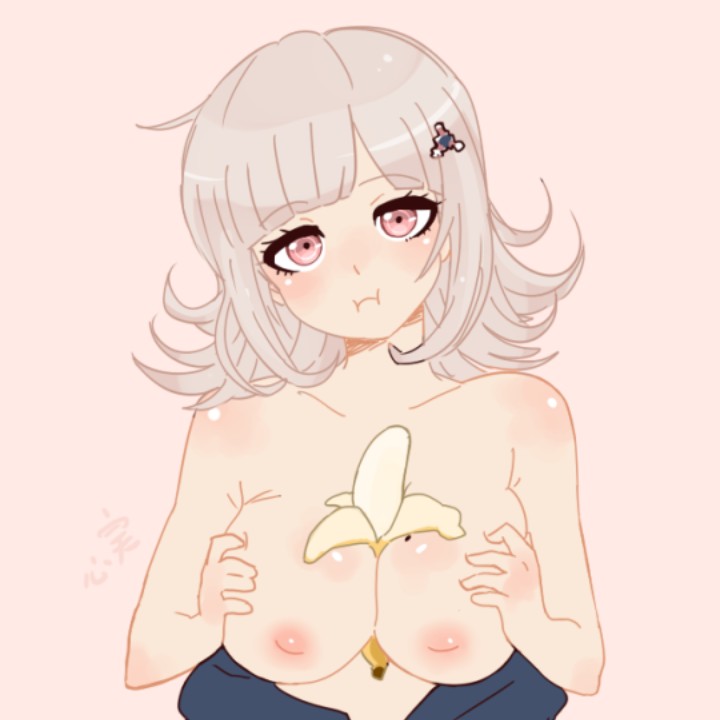banana, breasts, danganronpa, danganronpa 2: goodbye despair, female, grey hair, large breasts, nanami chiaki, paizuri, pink eyes, straight hair, super danganronpa 2
