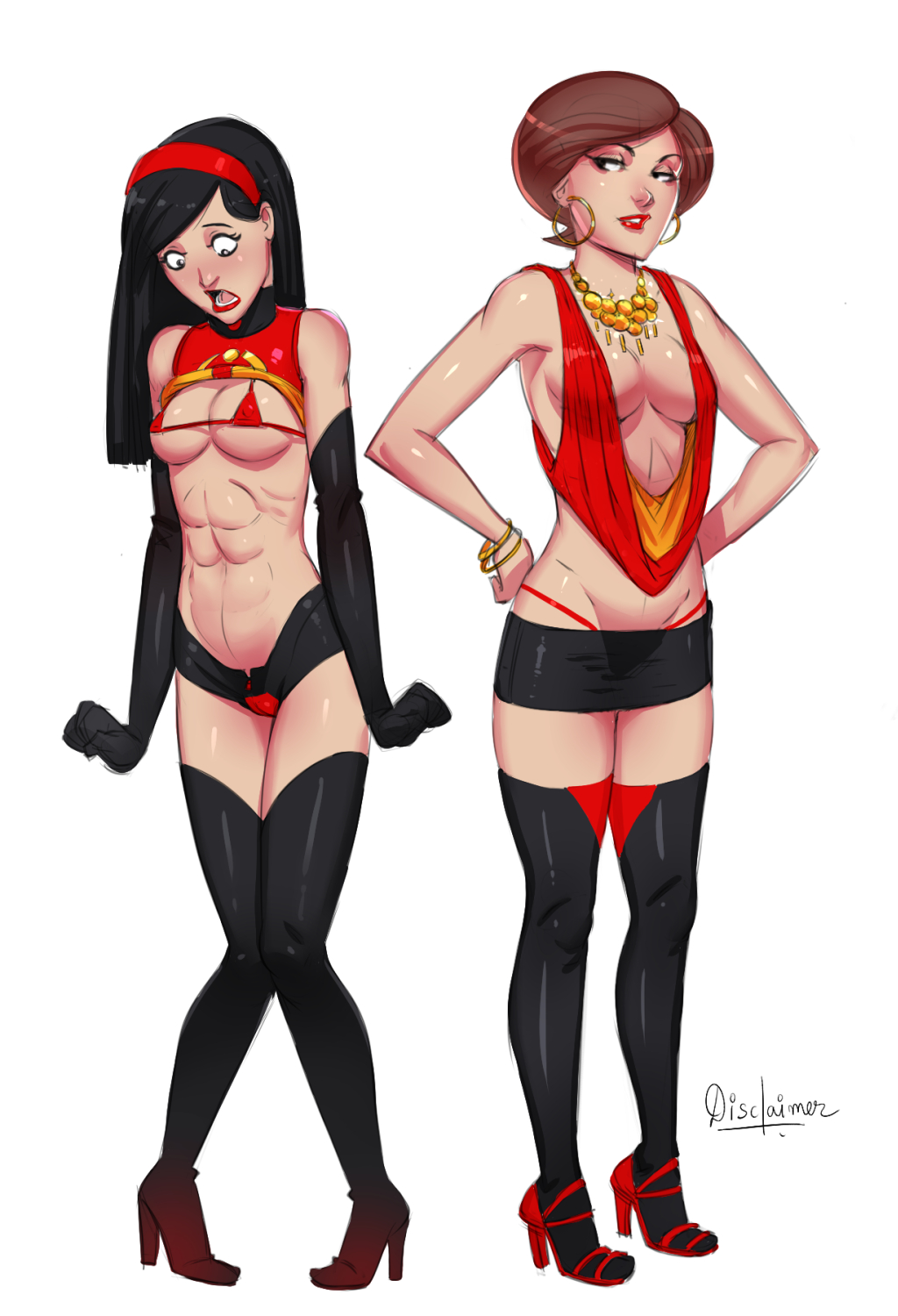 2girls, abs, armwear, athletic, bare midriff, bare shoulders, bimbo, black boots, black hair, boots, bracelet, breasts, brown hair, cleavage, clothing, daughter, disclaimer, disney, earrings, elastigirl, elbow gloves, eyelashes, eyeliner, eyeshadow, female, female only, fit, fit female, footwear, full body, g-string, gloves, handwear, helen parr, high heel boots, high heels, hoop earrings, large breasts, legwear, lipstick, long hair, makeup, mature, mature female, medium breasts, micro bikini, microskirt, milf, mother, mother and daughter, muscles, muscular, muscular female, navel, necklace, pinup, pixar, pose, posing, shirt lift, short hair, sideboob, skimpy, skimpy clothes, standing, straight hair, tagme, the incredibles, thigh boots, thighhighs, thong, toned, toned female, violet parr, whale tail, white background, wide hips