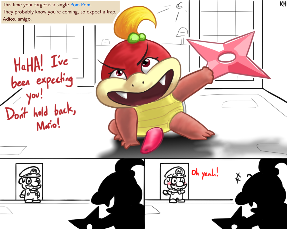 anthro black_and_white confused funny futanari mario mario_(series) moustache penis plumber pom_pom_(mario) room scalie shuriken simple_background solo super_mario_3d_world turtle weapon