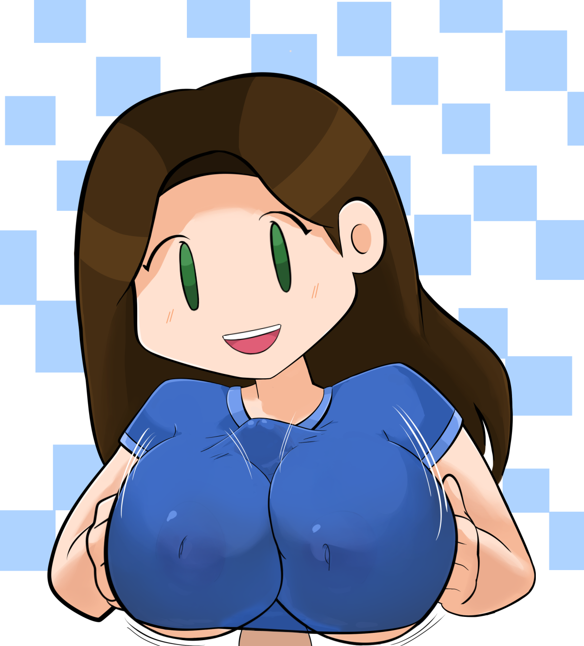 1boy, 1girls, breasts, brickshoes, brown hair, clothed, clothed female, clothing, faceless male, female, female focus, green eyes, inverted nipples, looking at viewer, male, male pov, nipple bulge, outercourse, paizuri, paizuri under clothes, penis, penis under clothes, photo, pov, shadowleggy, straight, tagme, tagme (artist)