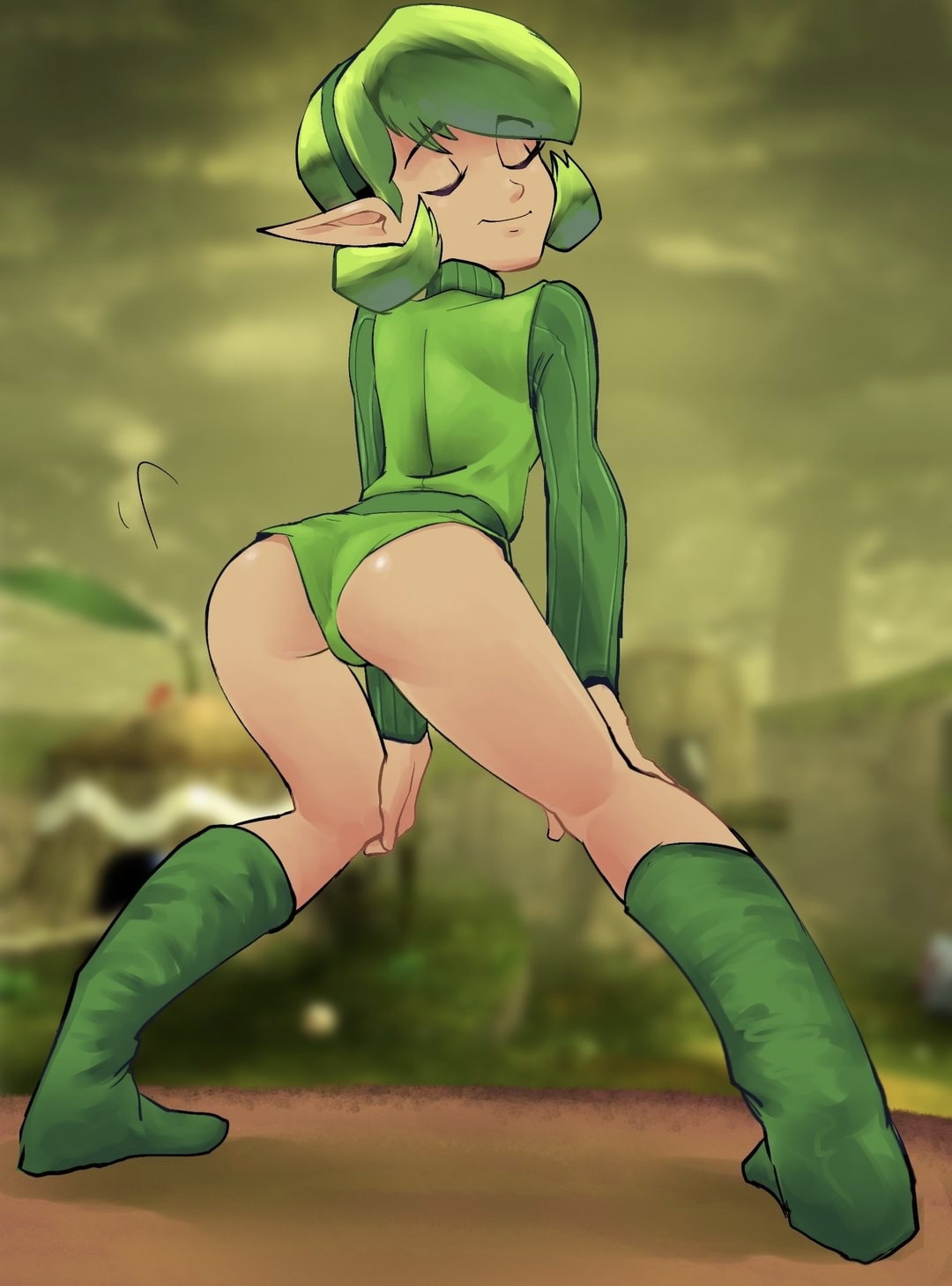 arched back, ass, ass shake, boots, captainjingo, curly hair, cute, elf, elf ears, elf female, eyebrows visible through hair, eyelashes, eyes closed, female, female only, green hair, green panties, hairband, happy, headband, headwear, ocarina of time, panties, petite, pointy ears, presenting hindquarters, saria, seductive, short hair, short pants, smile, solo, solo female, the legend of zelda, twerking