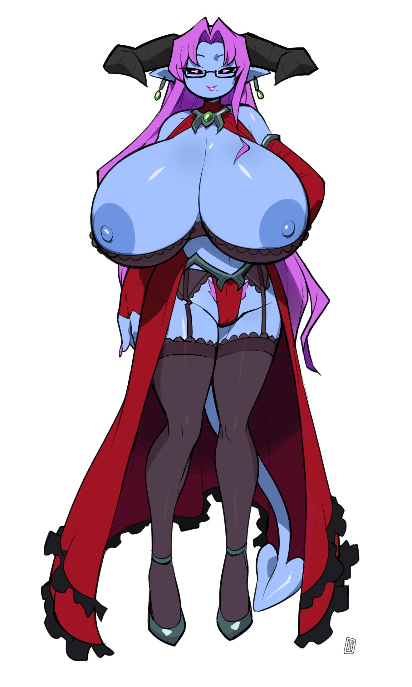 1girls, areolae, breasts, demon, elissa (thehelmetguy), female, female only, horns, huge breasts, milf, nipples, solo, thehelmetguy, thighhighs