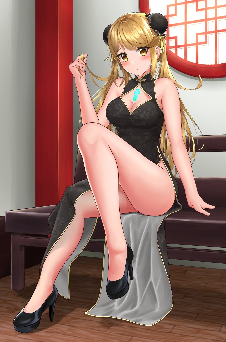 1girls, alternate costume, bare shoulders, blonde hair, blush, breasts, bun cover, china dress, chinese clothes, cleavage, cleavage cutout, double bun, dress, female, full body, highres, hikari (xenoblade 2), long hair, looking at viewer, medium breasts, mythra, nintendo, sitting, solo, sssemiii, xenoblade (series), xenoblade chronicles 2, yellow eyes