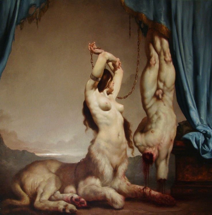 blood chain decapitation erect_nipples fine_art gore gynosphinx monster monster_girl nude_male oil_painting roberto_ferri straight_hair