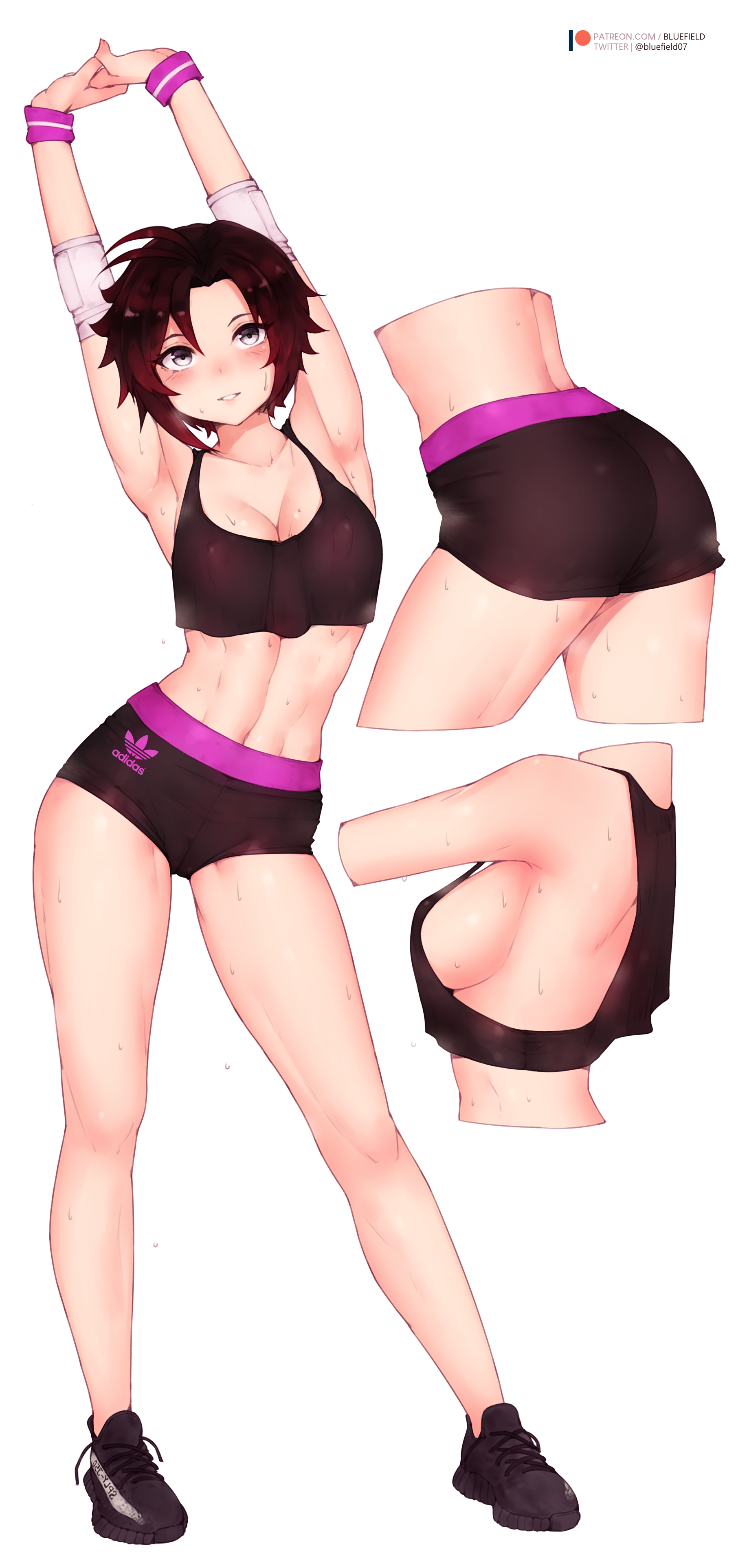 1girls, 2020, adidas, armpits, ass, bluefield, booty shorts, breasts, cleavage, female, footwear, gym clothes, high resolution, horny, human, legs, medium breasts, midriff, muscles, muscular, muscular female, navel, outstretched arms, pale skin, pose, ruby rose, rwby, short hair, short shorts, shorts, sideboob, sneakers, sports bra, sportswear, stretch, sweat, very high resolution, white background, white skin, workout, wristwear