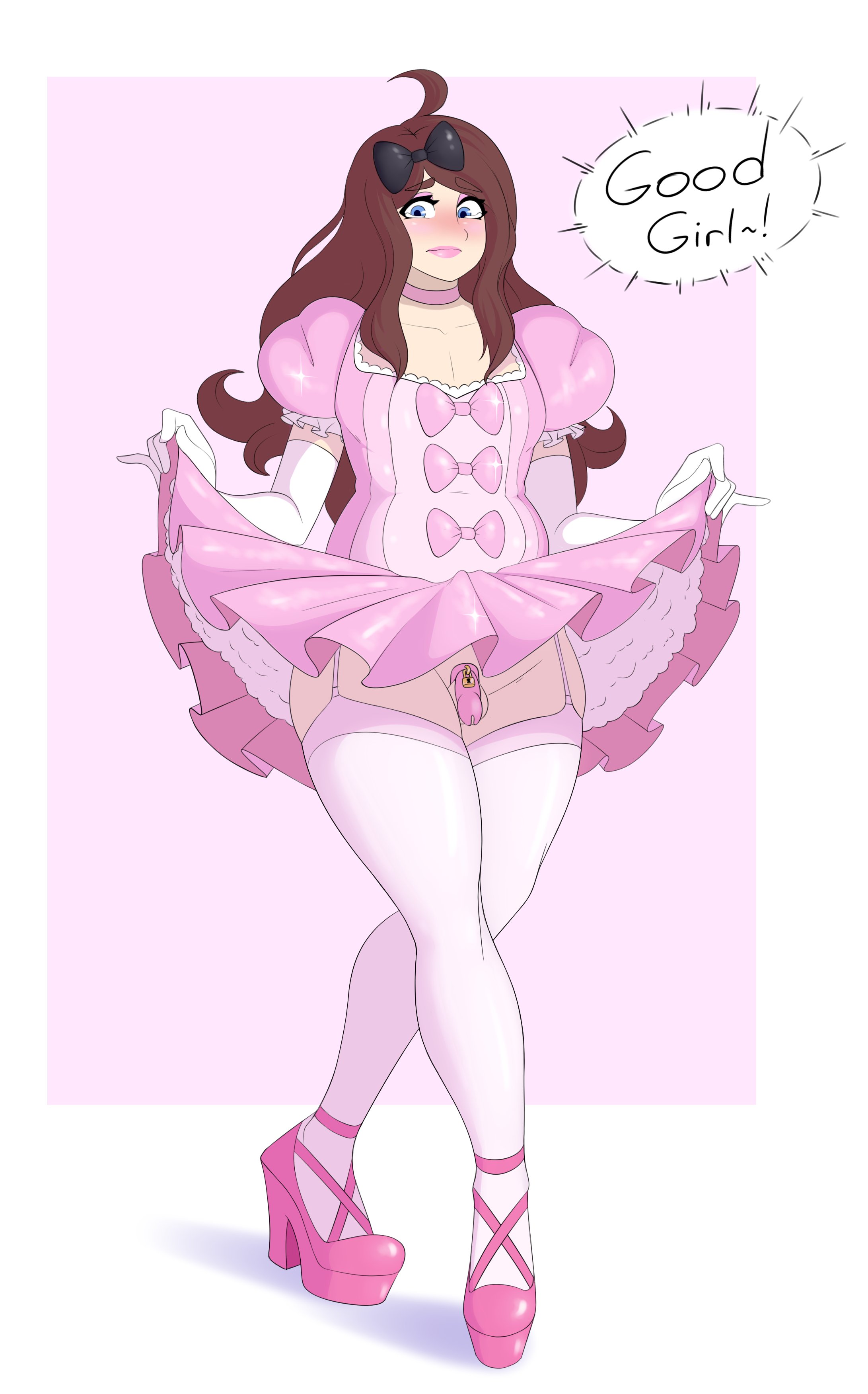 1boy, absurdres, blush, chastity, chastity cage, crossdressing, femboy, girly, high heels, highres, looking at viewer, male, male only, panties, sealguy, skirt lift, speech bubble, text, thighhighs, trap